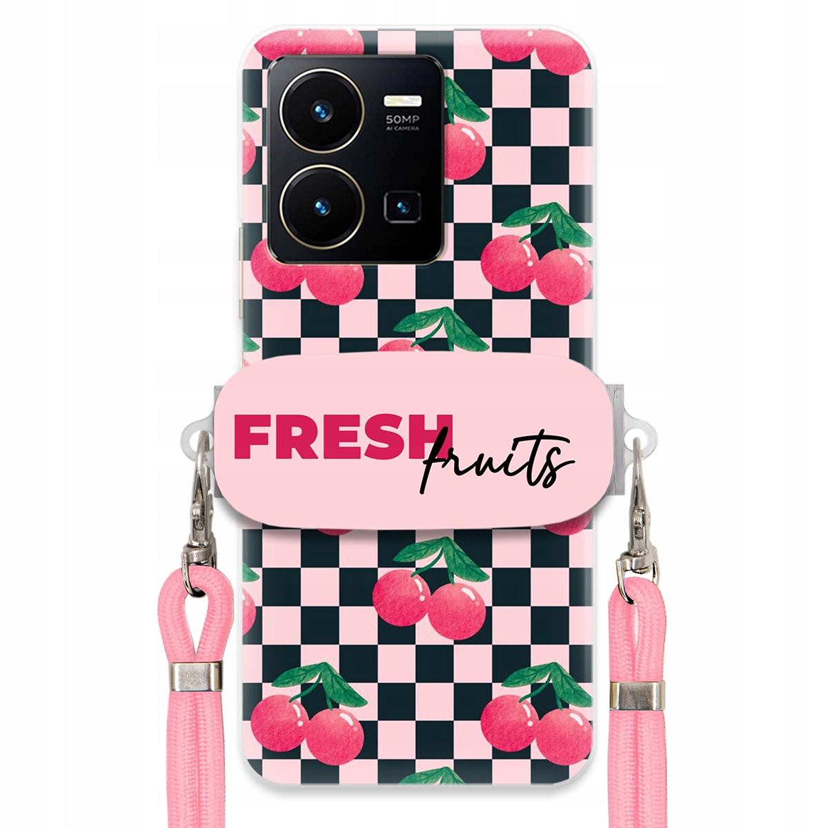 Puzdro pre Vivo Y35 4G Vodítko Pink Crossbody Držiak Šachovnica Fresh Fruits