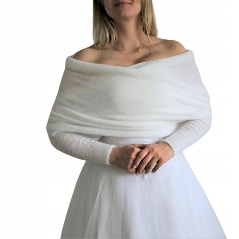 Nowoczesny Ślubny Szal z Rękawami | Sweterek biały| Uniwersalny Dodatek XS Kolor biały