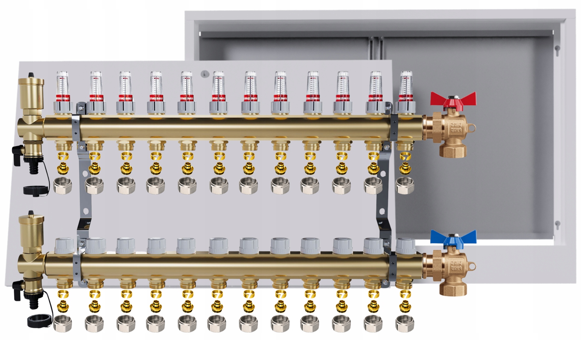 Rozdělovač mosazný podlahový 12 okruhů skříňka na omítku kulový Pex