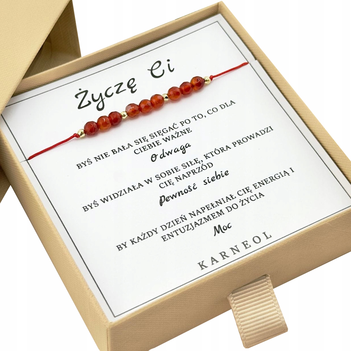 Bransoletka na sznurku z Karneolu Życzę CI Odwaga Pewność siebie