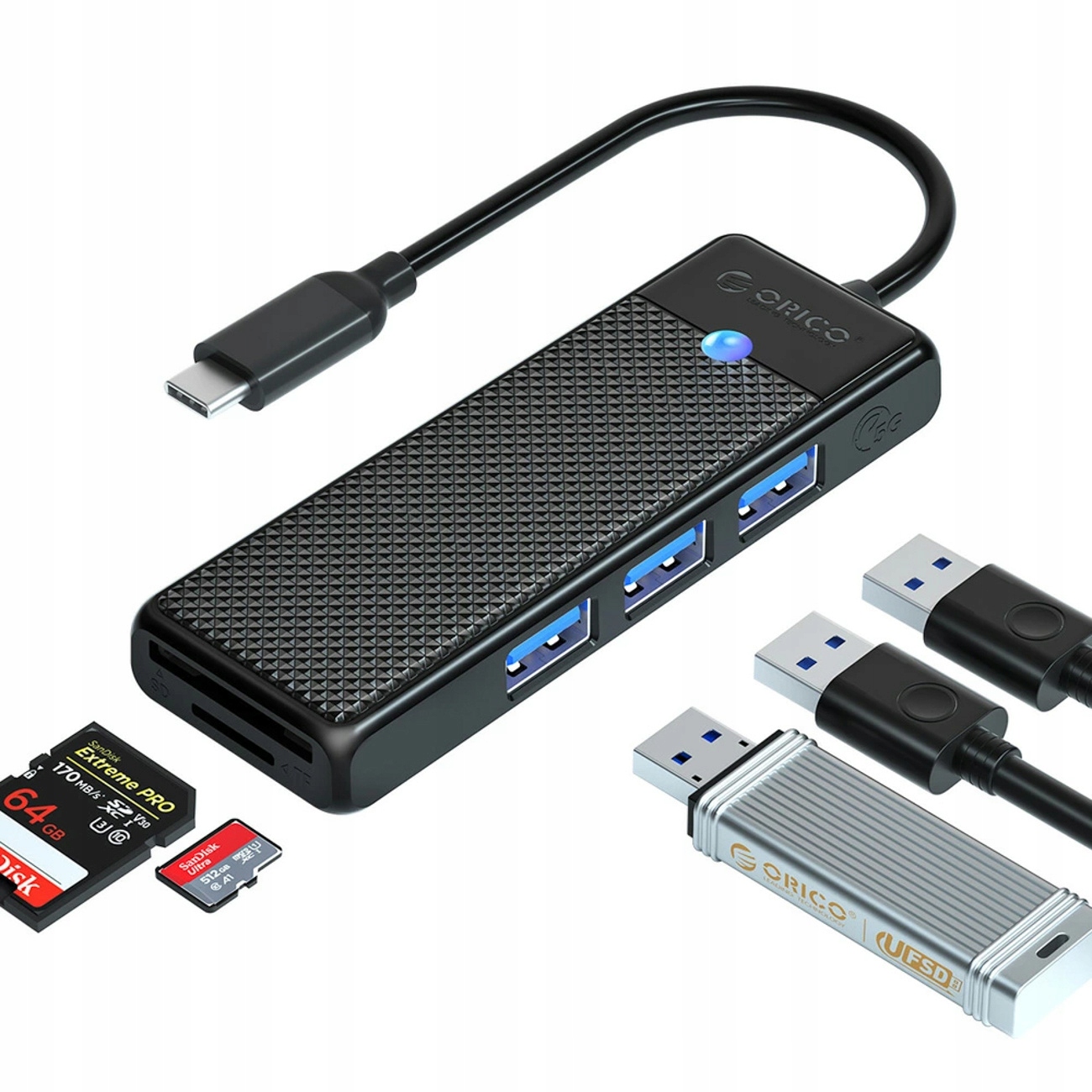 Hub Usb Orico PAPW3AT- C3 4- portowy 3x Usb- A 3. 0 z czytnikiem kart Sd 1
