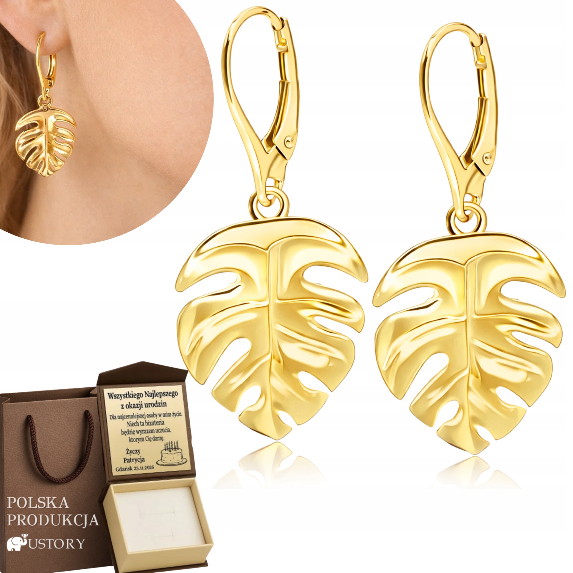 Zlaté Náušnice Závěsné Listy Monstery Pozlacené 925 Bižuterní Lístky Gravírování