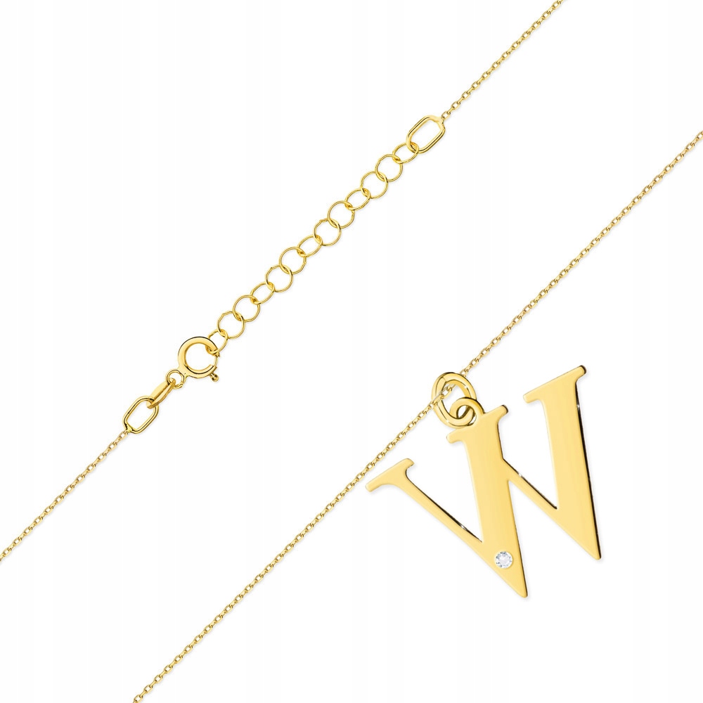 Złoty Naszyjnik 585 Literka W z Brylantem 0,005ct