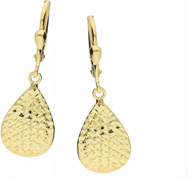 Zlaté náušnice 585, závěsné, diamantové mandle, moderní vzor pro ni