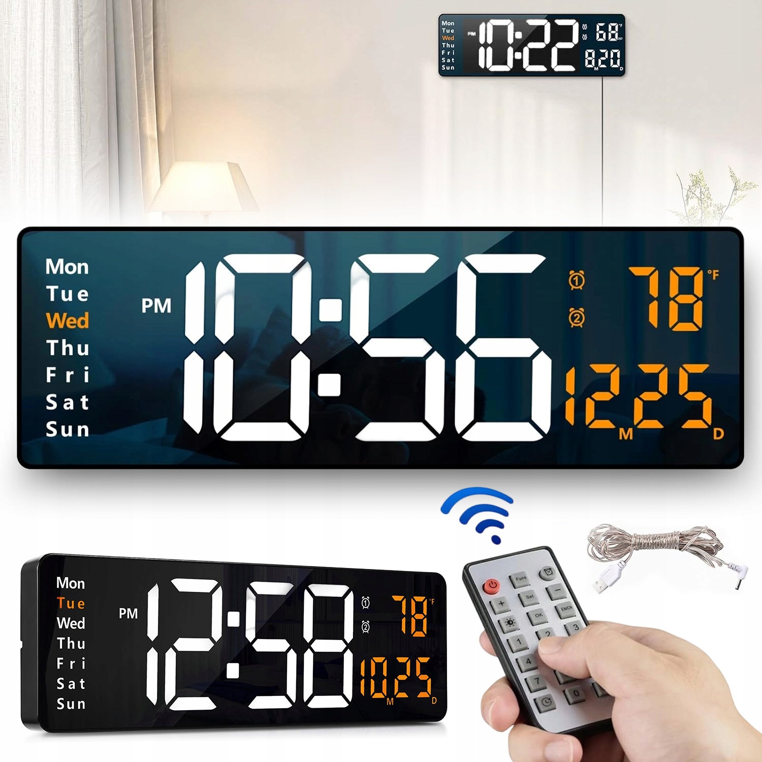 Budzik Zegar Elektroniczny Led Cyfrowy Stojący Ścienny Data Temperatura C/f