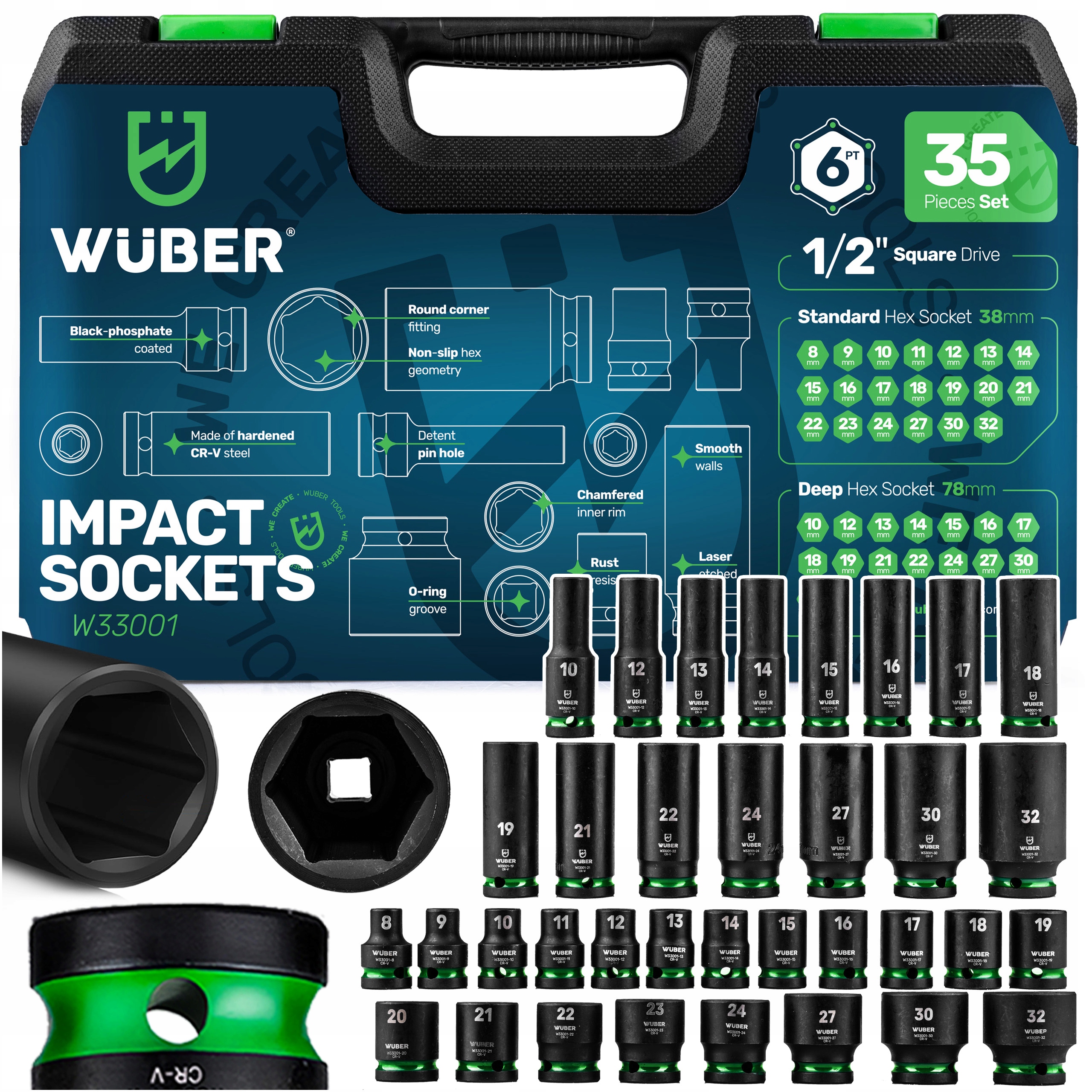 Komplet 35x Nasadek Udarowych 1/2" 6-KĄTNE Krótkie Długie 8-32MM Walizka