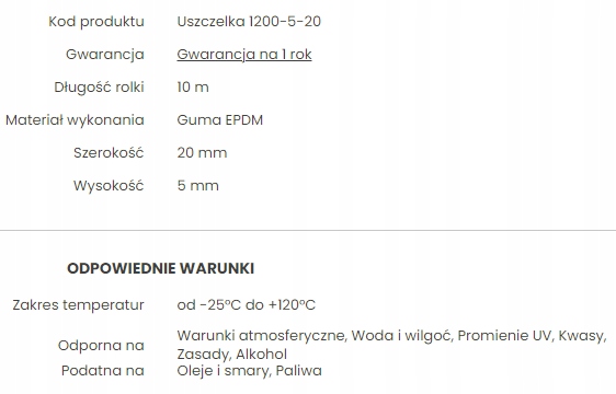 Uszczelka samoprzylepna EPDM 20x5mm rolka 10m EAN (GTIN) 5906280900823