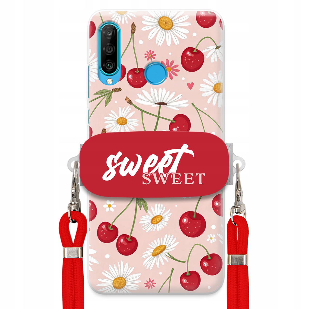 Puzdro pre Huawei P30 Lite Červené vodítko Crossbody držiak Sweet Kvet čerešne