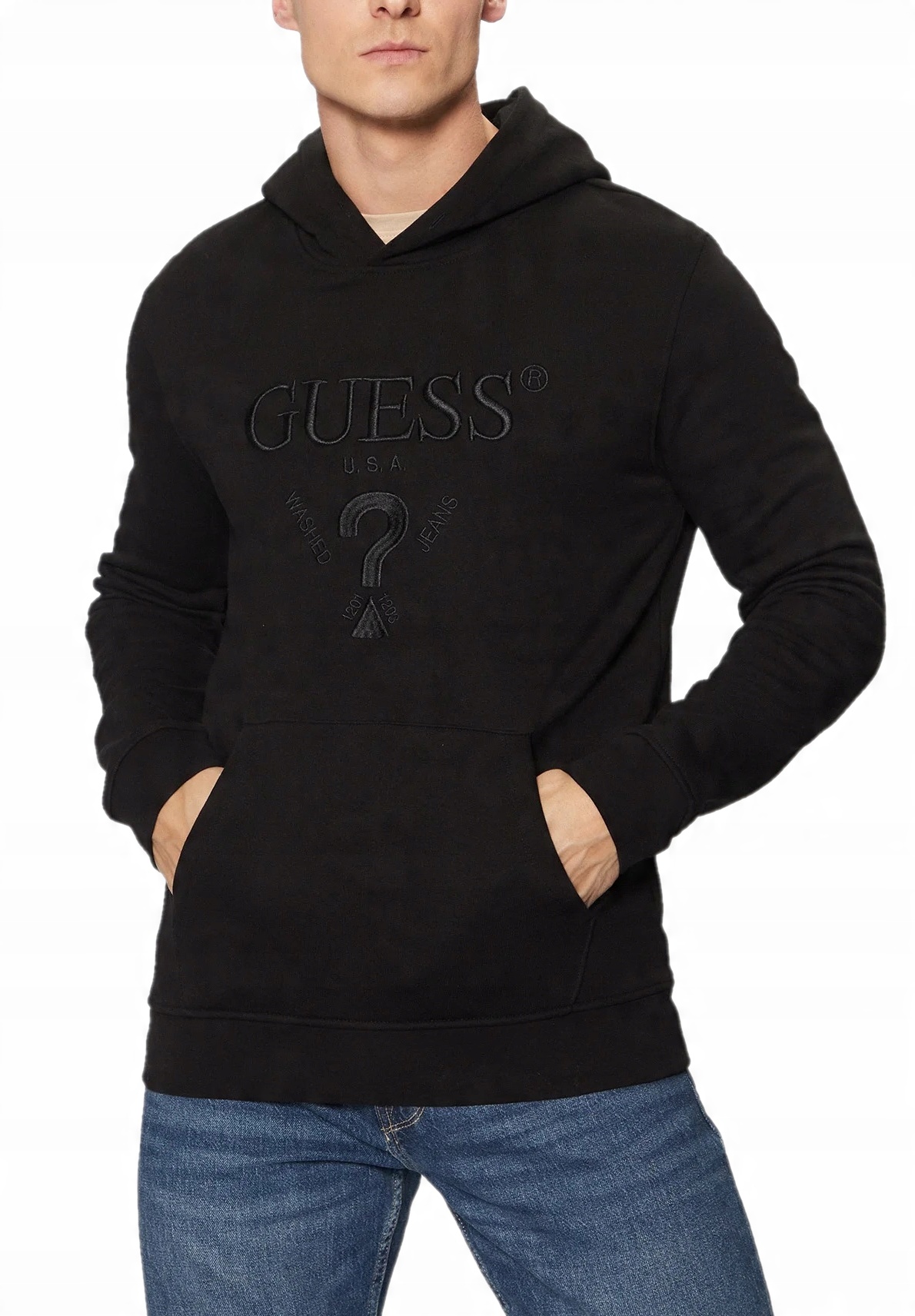 Černá Vkládací Mikina S Kapucí Pánské Logo Bavlněná Výšivka Guess L