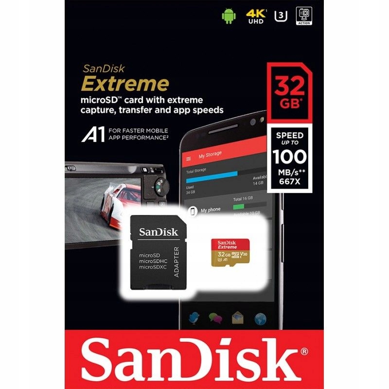SANDISK 32 ГБ Micro SD SDHC UHS3 EXTREME 100/60mbs Максимальная скорость записи 60 МБ / с.
