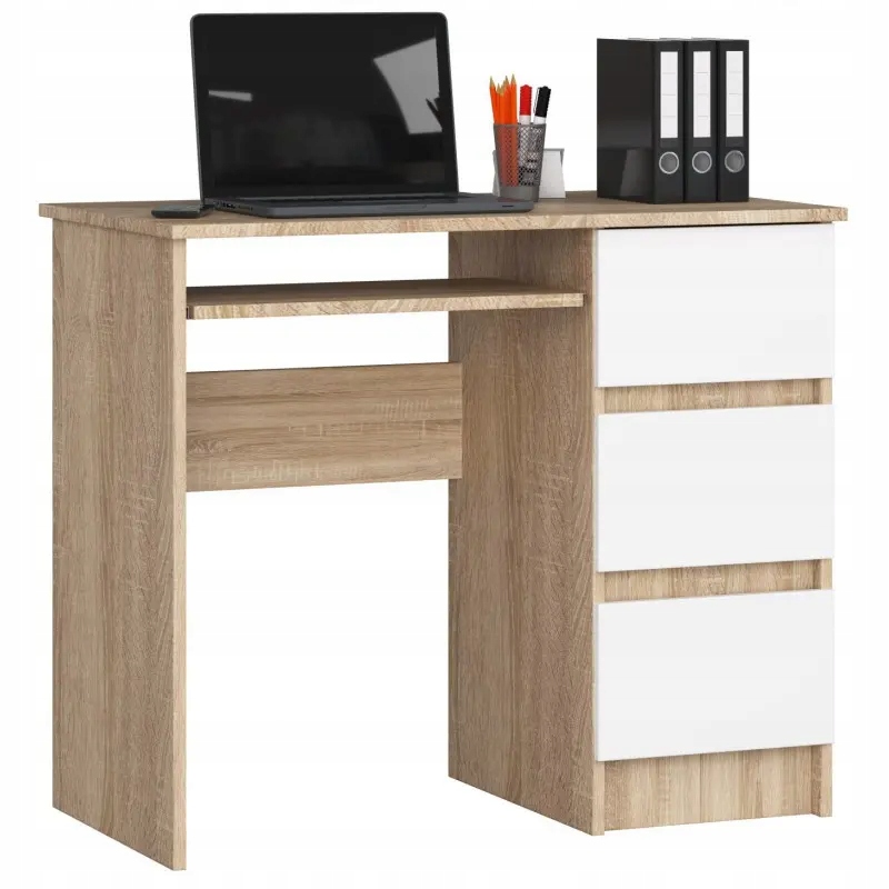 

Biurko do gabinetu 90 cm sonoma białe 3 szuflady