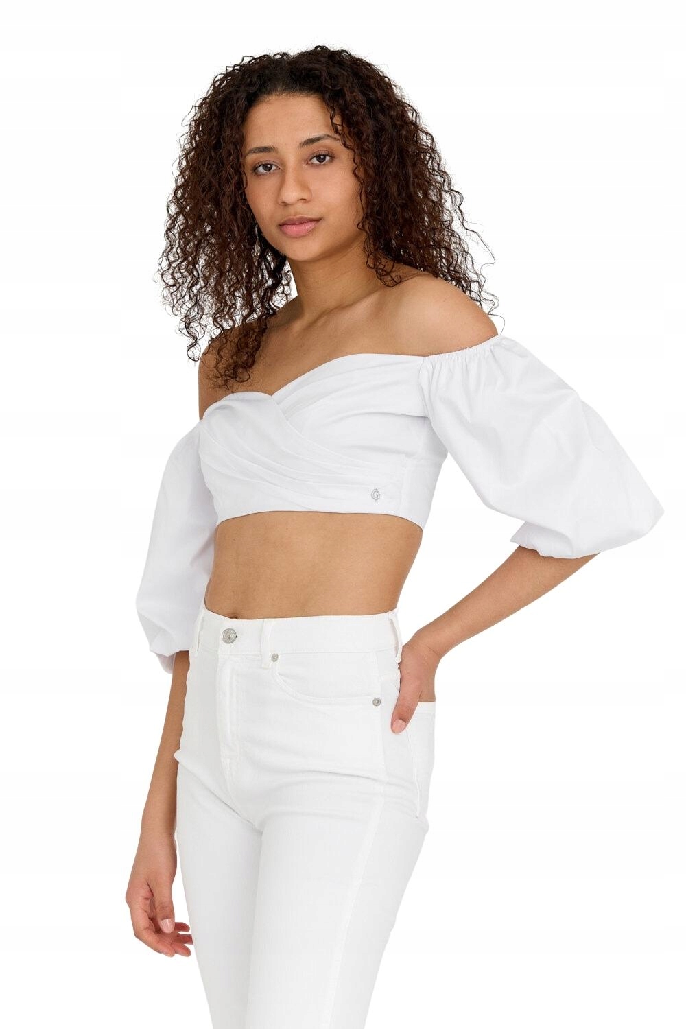 Guess Bílý crop top s bufetovými rukávy, velikost M