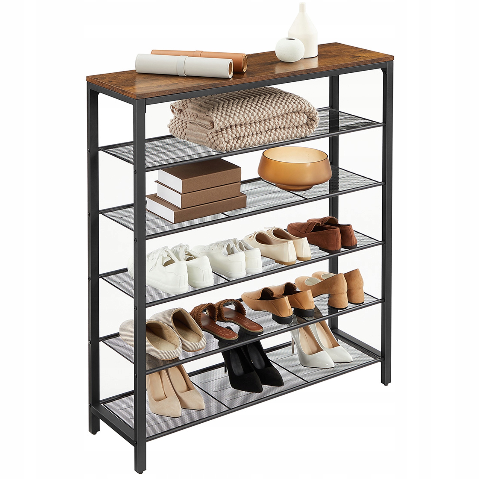 Regál na topánky, stojan na topánky, 5 políc, rustikálna hnedá a čierna farba