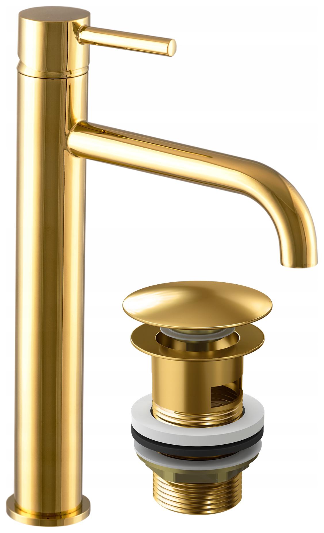 Vysoká Zlatá Umyvadlová Baterie Kivo S Výpustí Click Clack A Přepadem