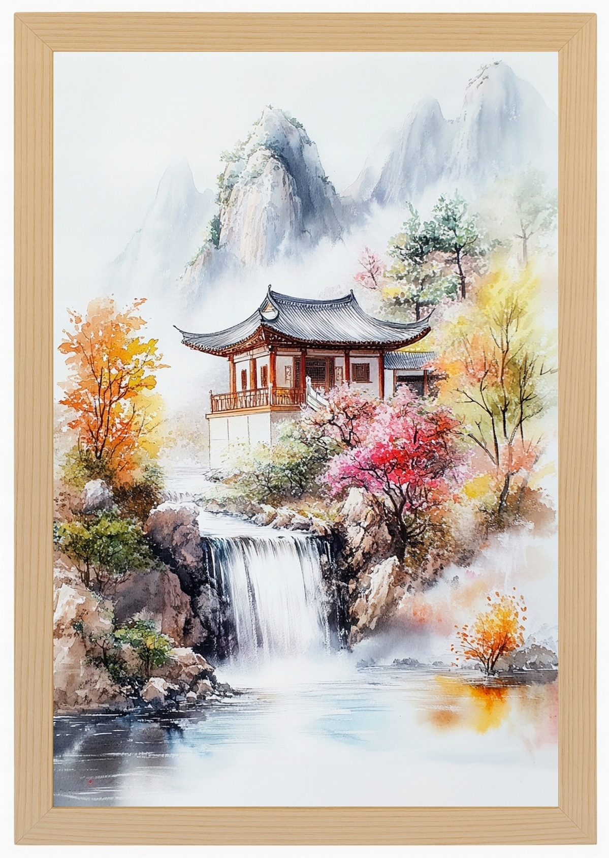 Plakát Rámeček Dřevo Japonsko Asie Hory Vodopád Barevné Stromy 62x93
