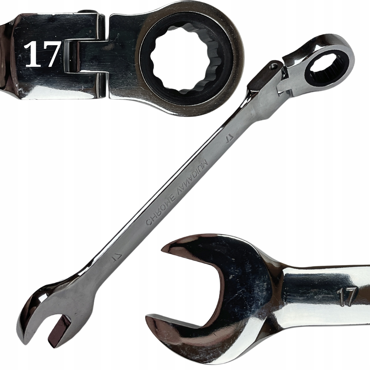 KLUCZ PŁASKO OCZKOWY Z GRZECHOTKĄ I PRZEGUBEM 17MM ŁAMANY WYTRZYMAŁY 72ZĘBY