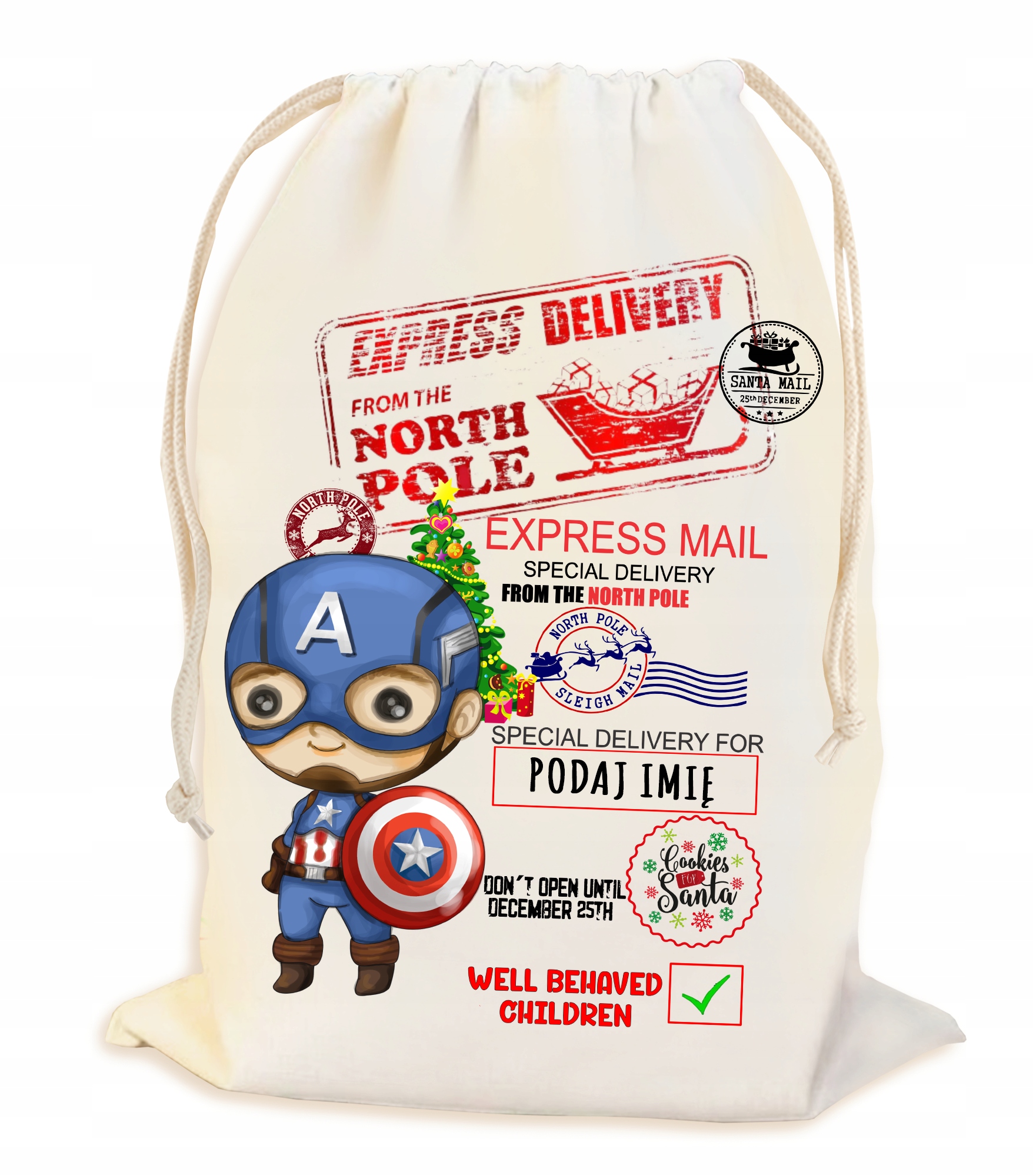 PEROSNALIZOWANY WOREK NA ŚWIĄTECZNY PREZENT POD CHOINKĘ Z IMIENIEM 23*34CM