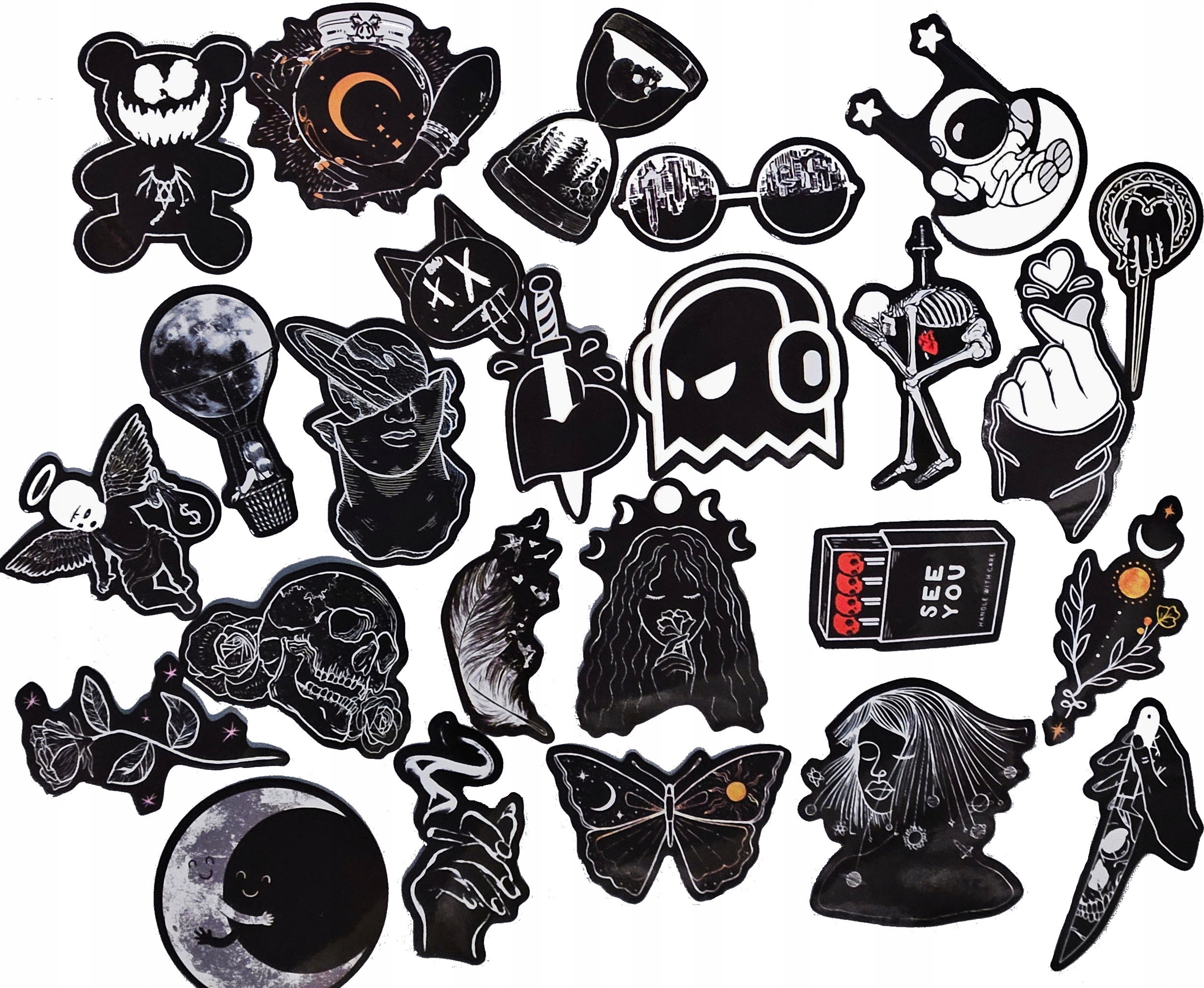 BLACK MIX CZARNE NAKLEJKI WODOODPORNE MIX WLEPY NA LAPTOP BIDON KASK 50szt