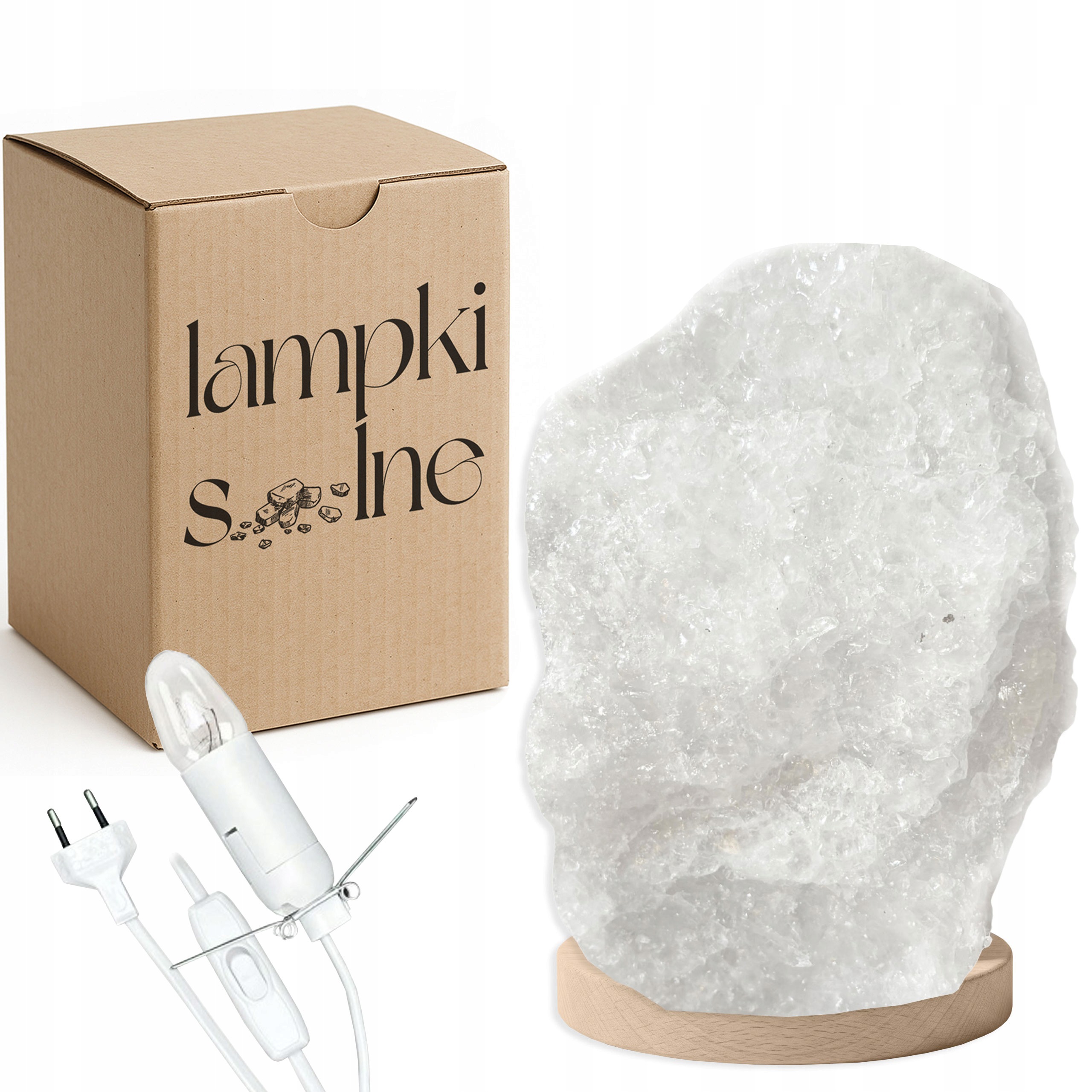 Bílá solná lampa Kłodawska z kladenské soli 3-5 kg, buková podstava
