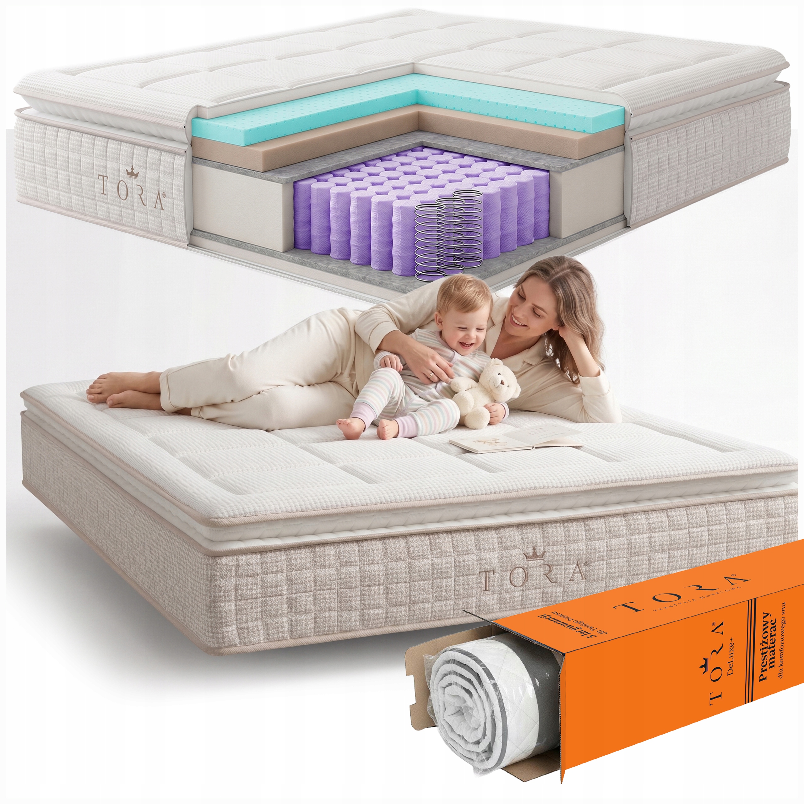Materac 180x200 H5 twardy sprężynowo kieszeniowy z Topperem vip 32cm Tora