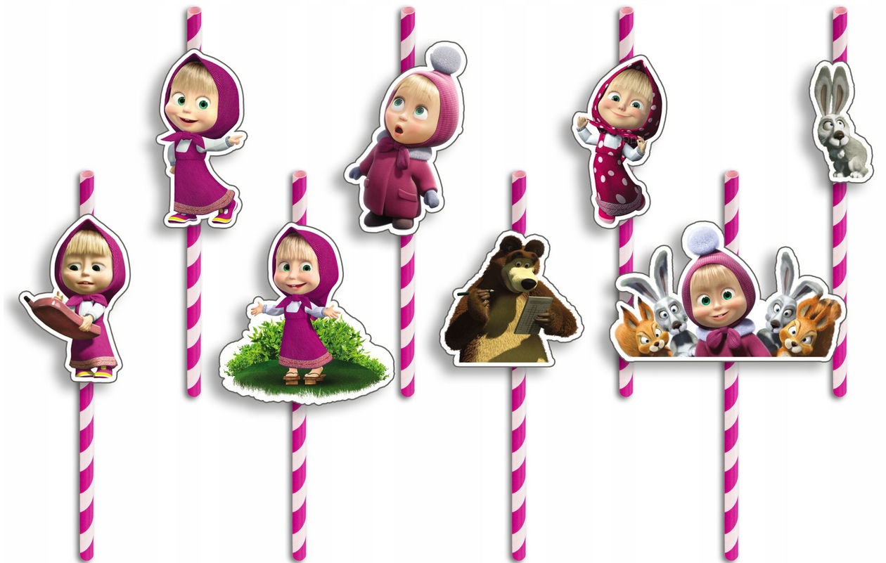 SŁOMKI URODZINOWE z POSTACIAMI - MASHA MASZA I NIEDŹWIEDŹ BAJKI - 8 szt.