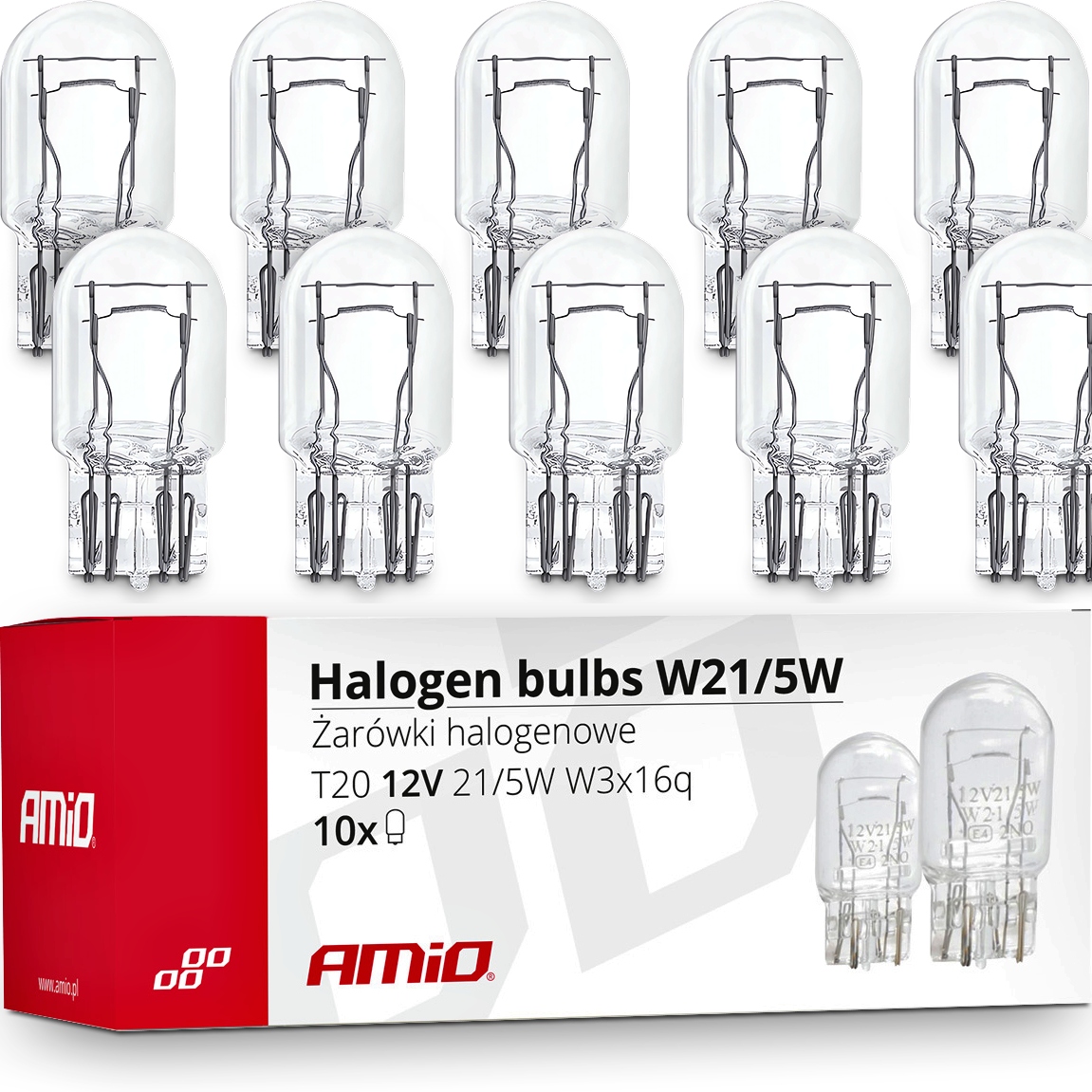 Żarówki W21/5W AMiO 21/5W 12V T20 Dwuwłóknowe Pozycja Dzienne Stop 10 szt