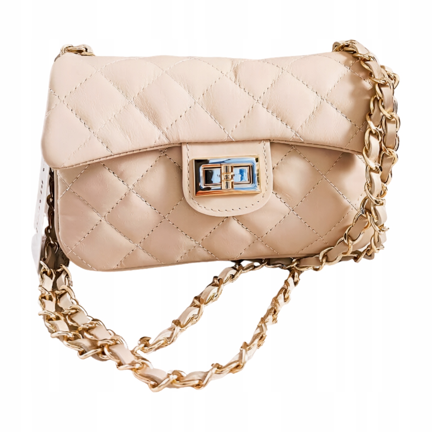 Borse in Pelle kabelka přes rameno kožená světle béžová prošívaná s řetízkem