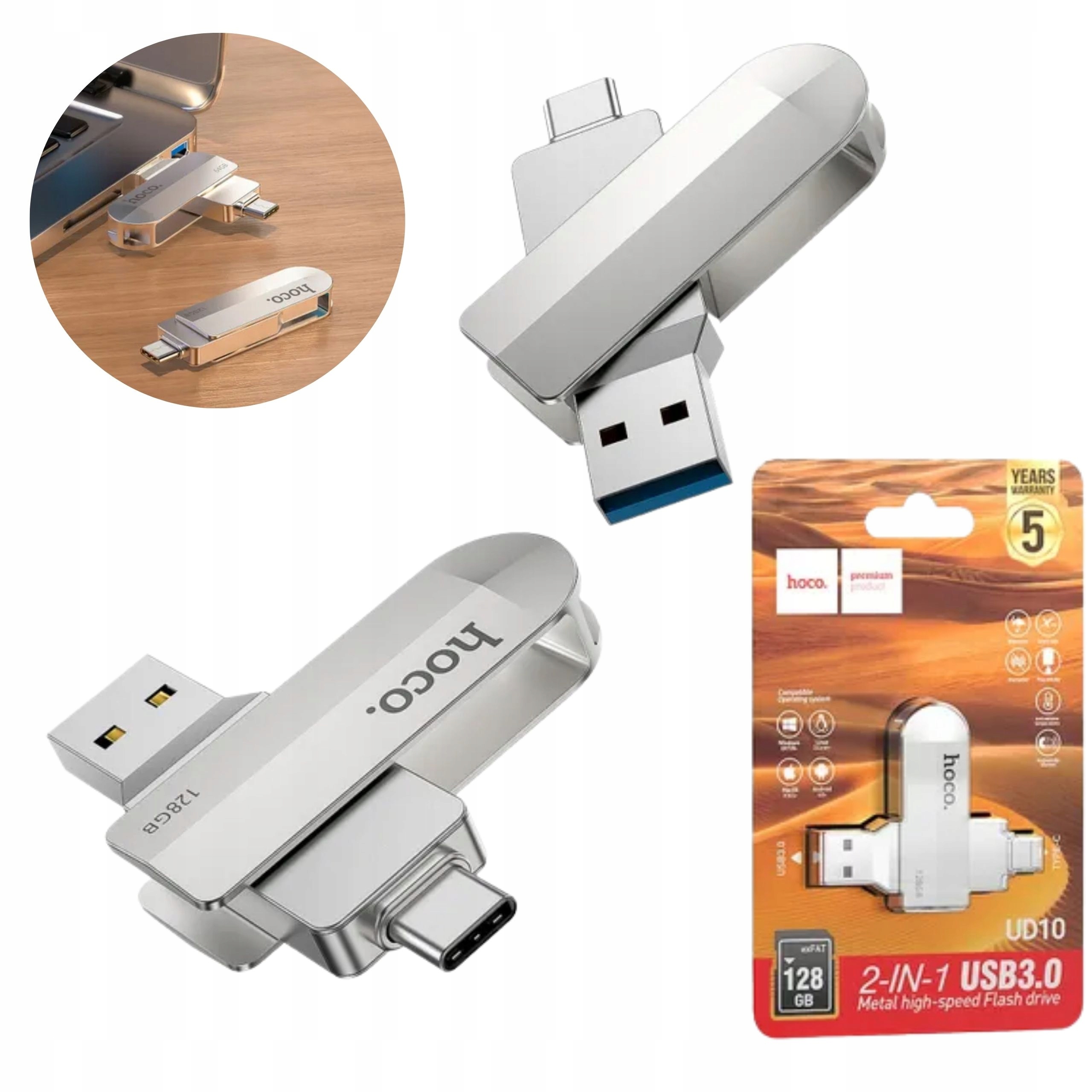 Pendrive 128GB Usb 3.0 (usb A Usb C) Hoco UD10 Srebrny Szybki Do Laptopa