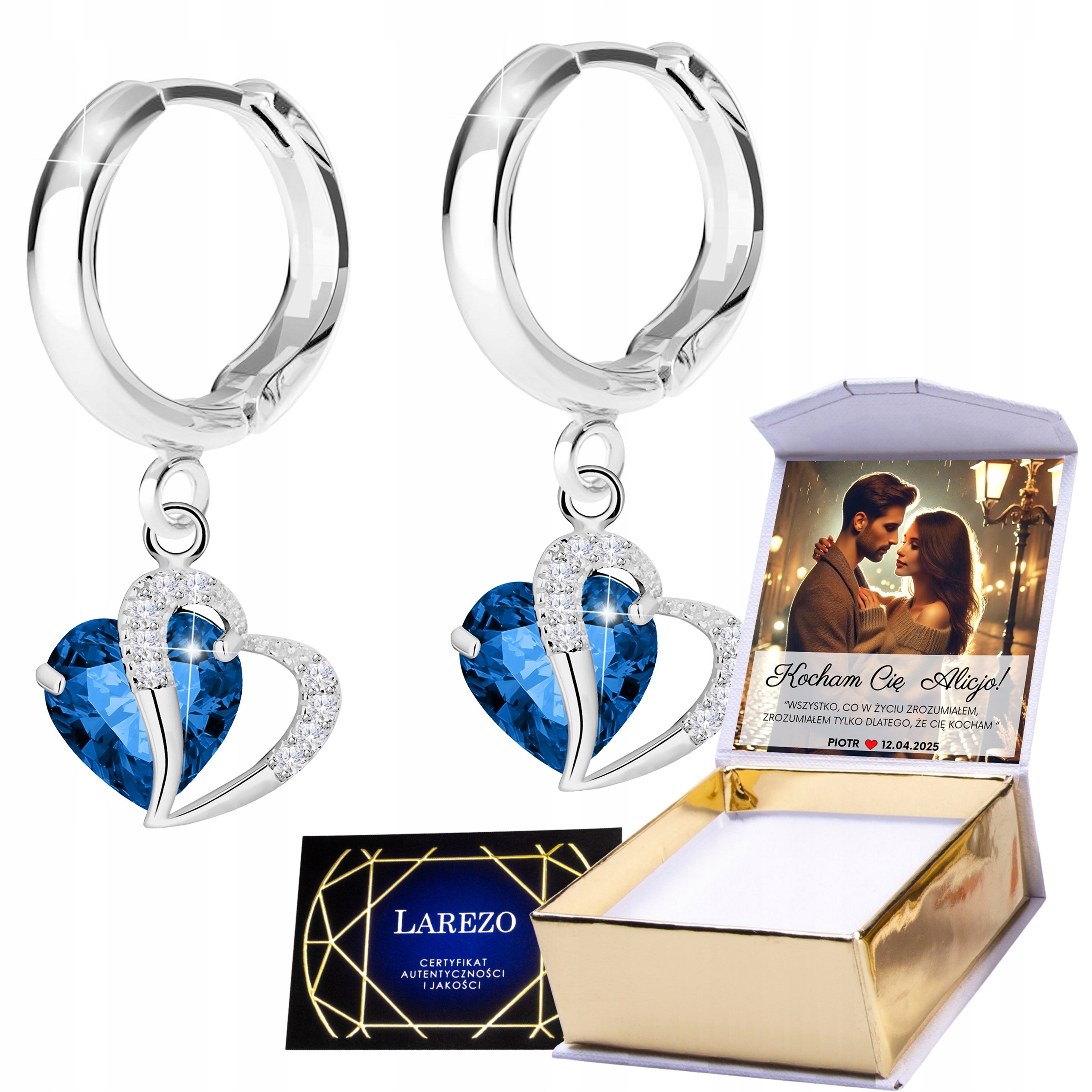 Stříbrné Náušnice 925 Modré srdce Srdíčka Láska Vlastní Potisk