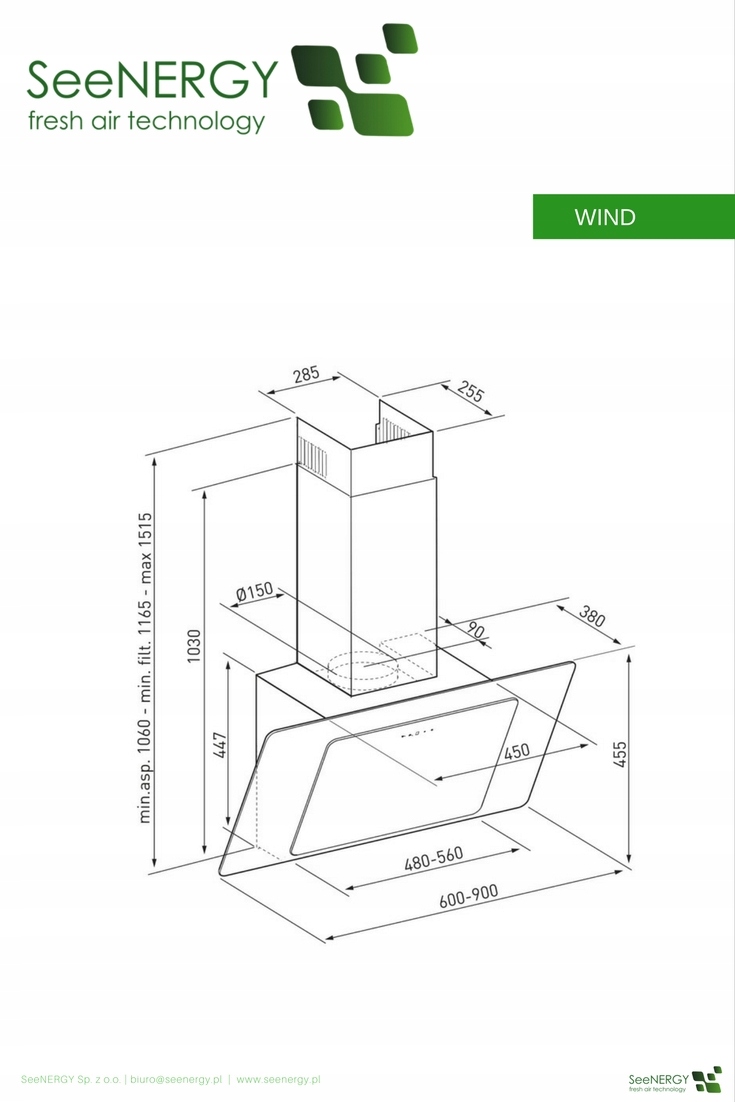 Okap kuchenny kominowy SeeNERGY Wind 90 bl Model WIND 90 BL