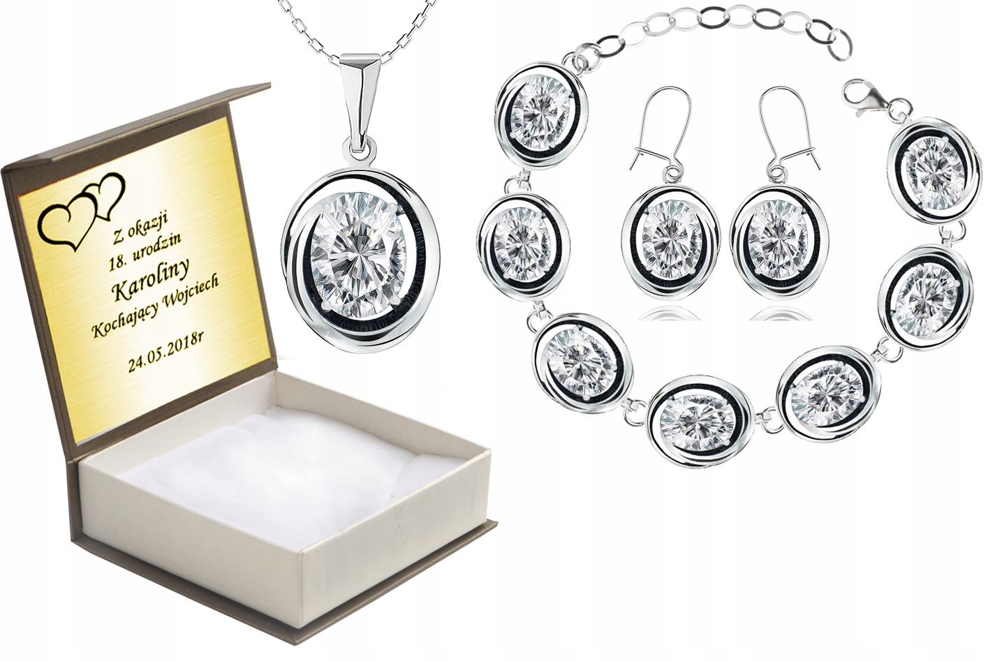 

Komplet Biżuterii Srebrnej Z Cyrkoniami + Grawer