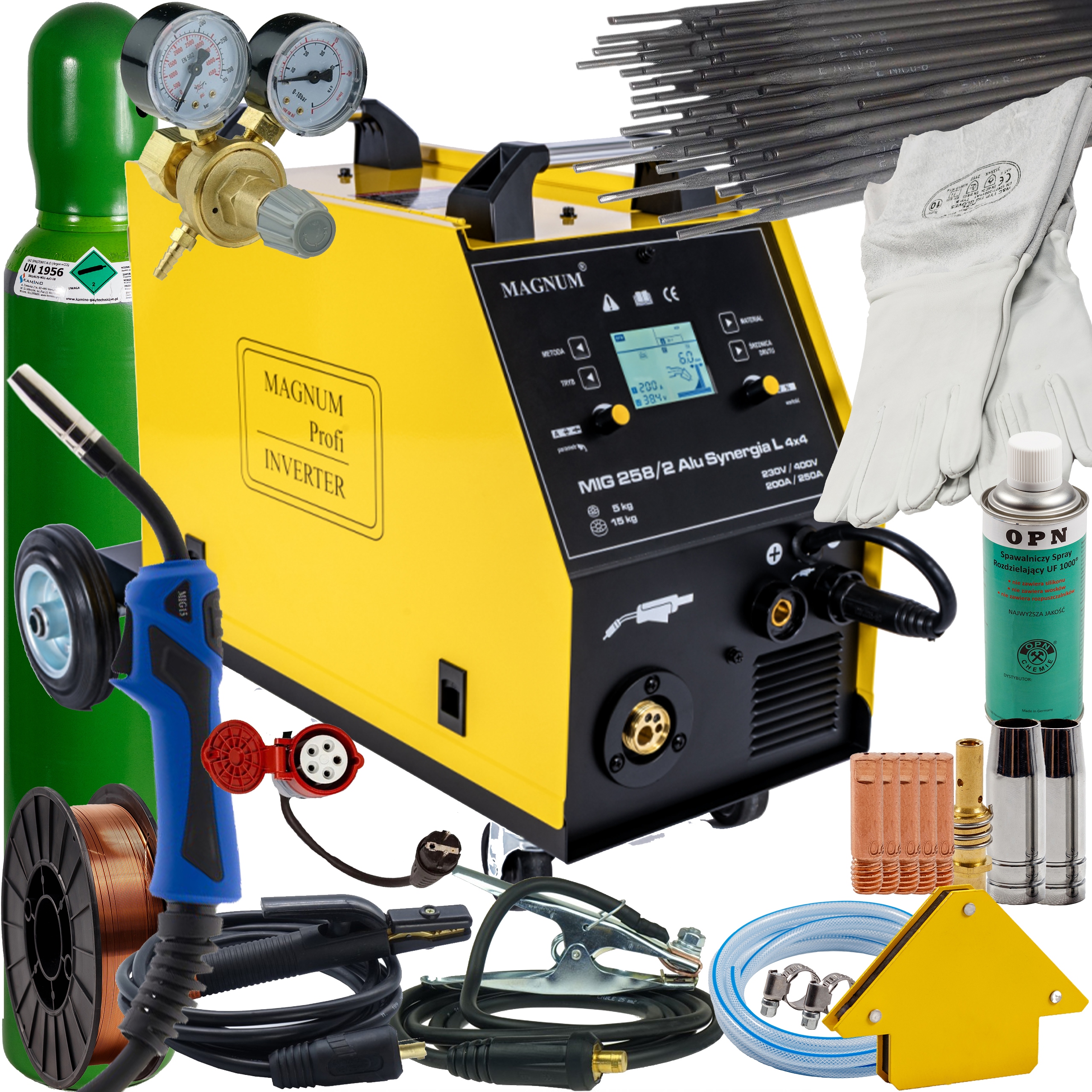 Svařovací stroj Migomat 250A Magnum Mig 258/2 Mma Synergie 230V/400V S4T sada 3 kusů