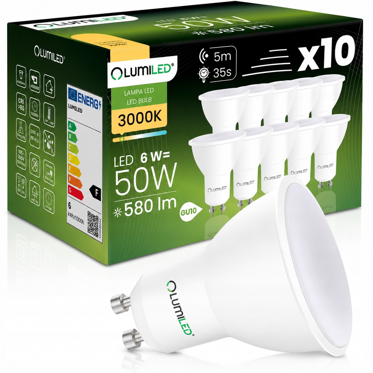 10x Żarówka Led GU10 PAR16 6W 50W 580LM 3000K 120° Czujnik Ruchu Lumiled