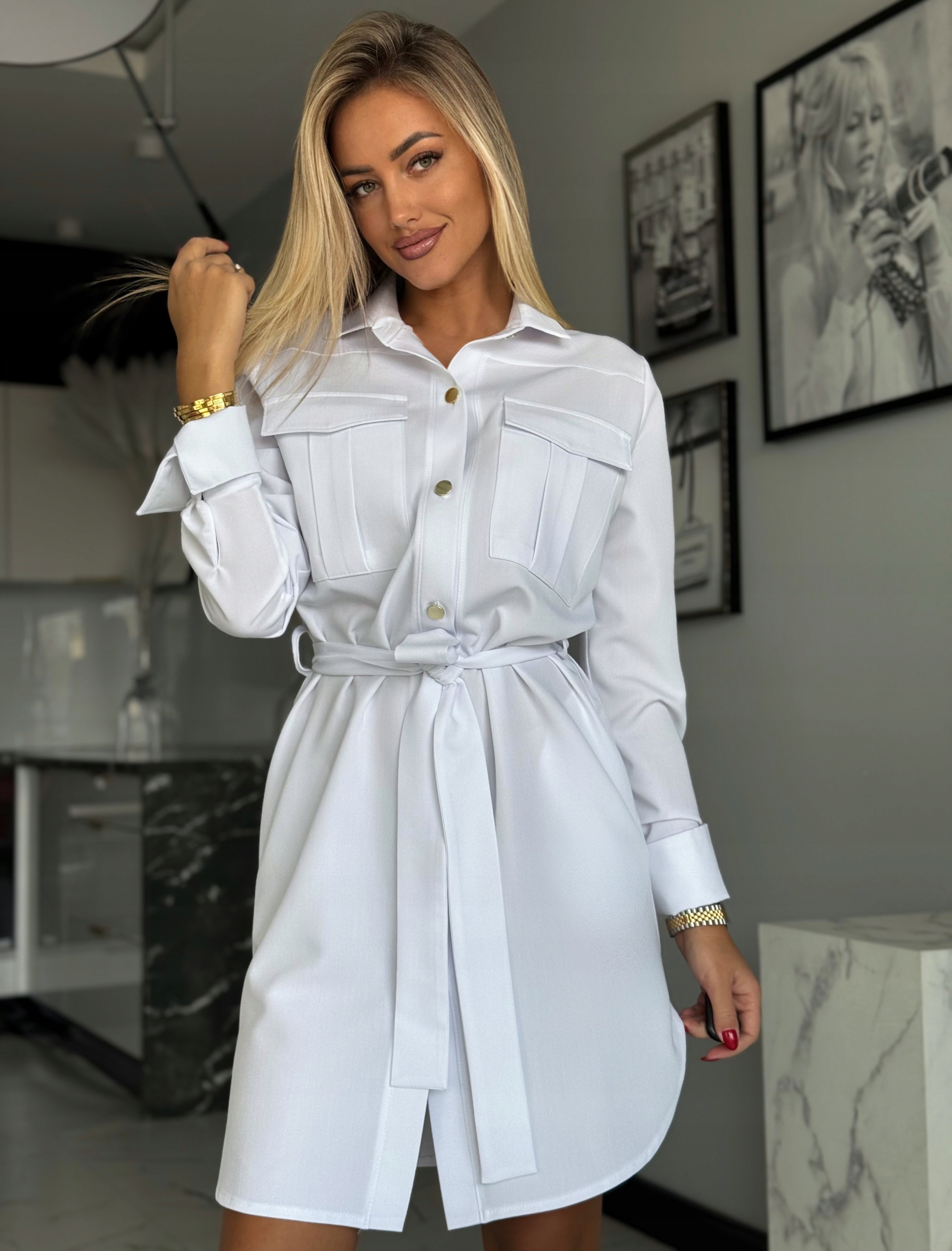 Šaty Košilová Šmizjerka Marina Elegantní s páskem Bílá S