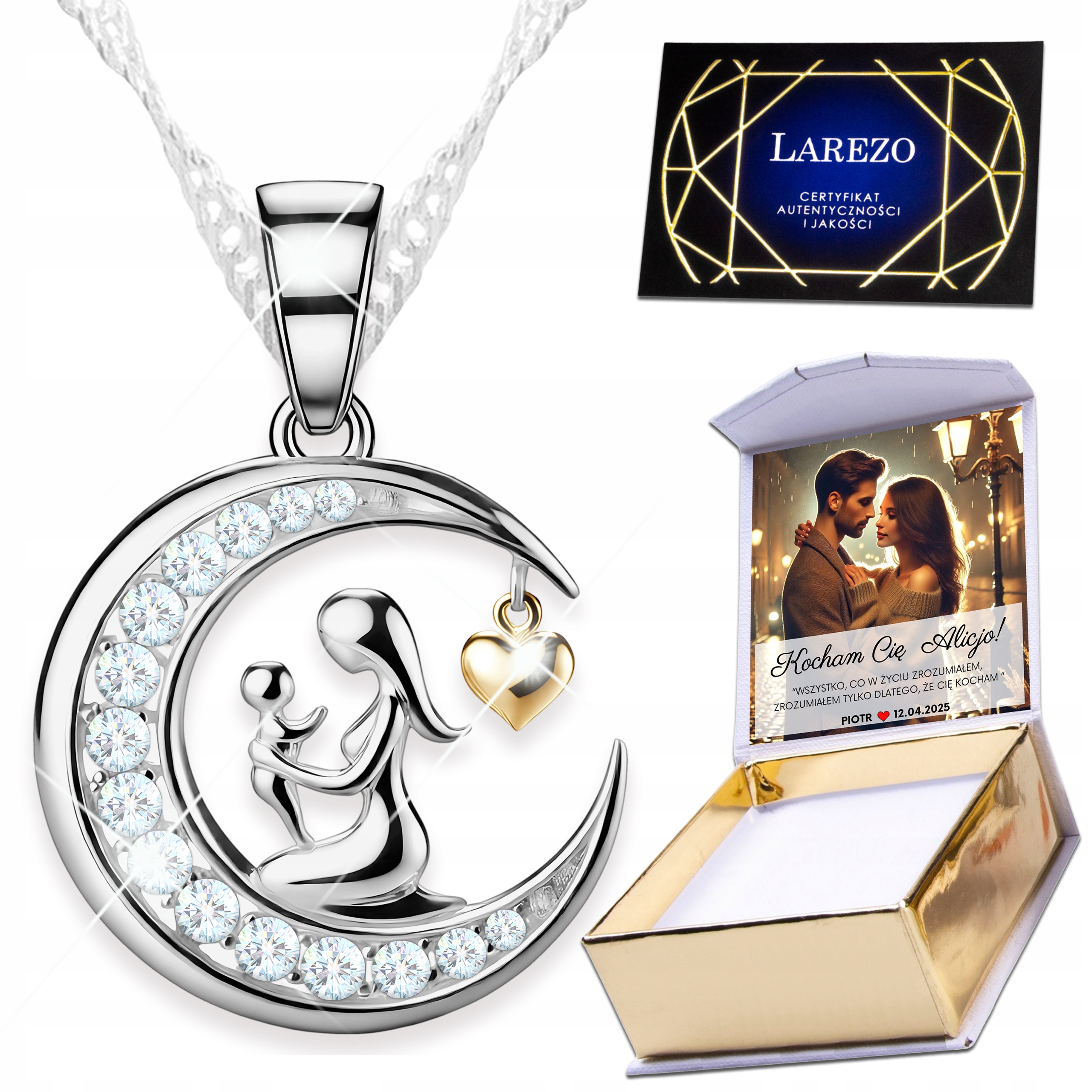 Stříbrný náhrdelník 925 Křišťálový půlměsíc Matka s dítětem Heart Print