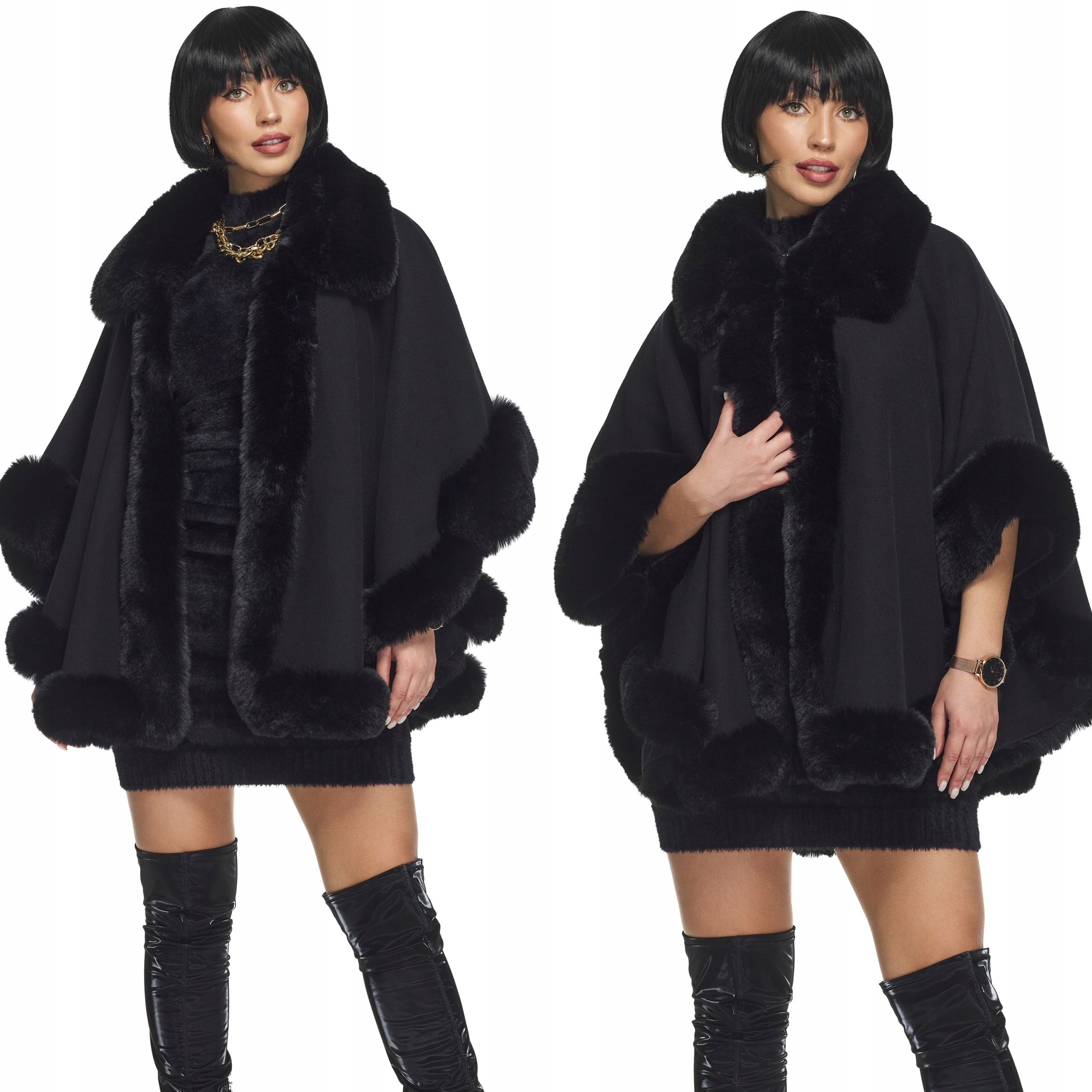 Černé Poncho Pletené Poncho s kožešinou kožíšek kožešina černá