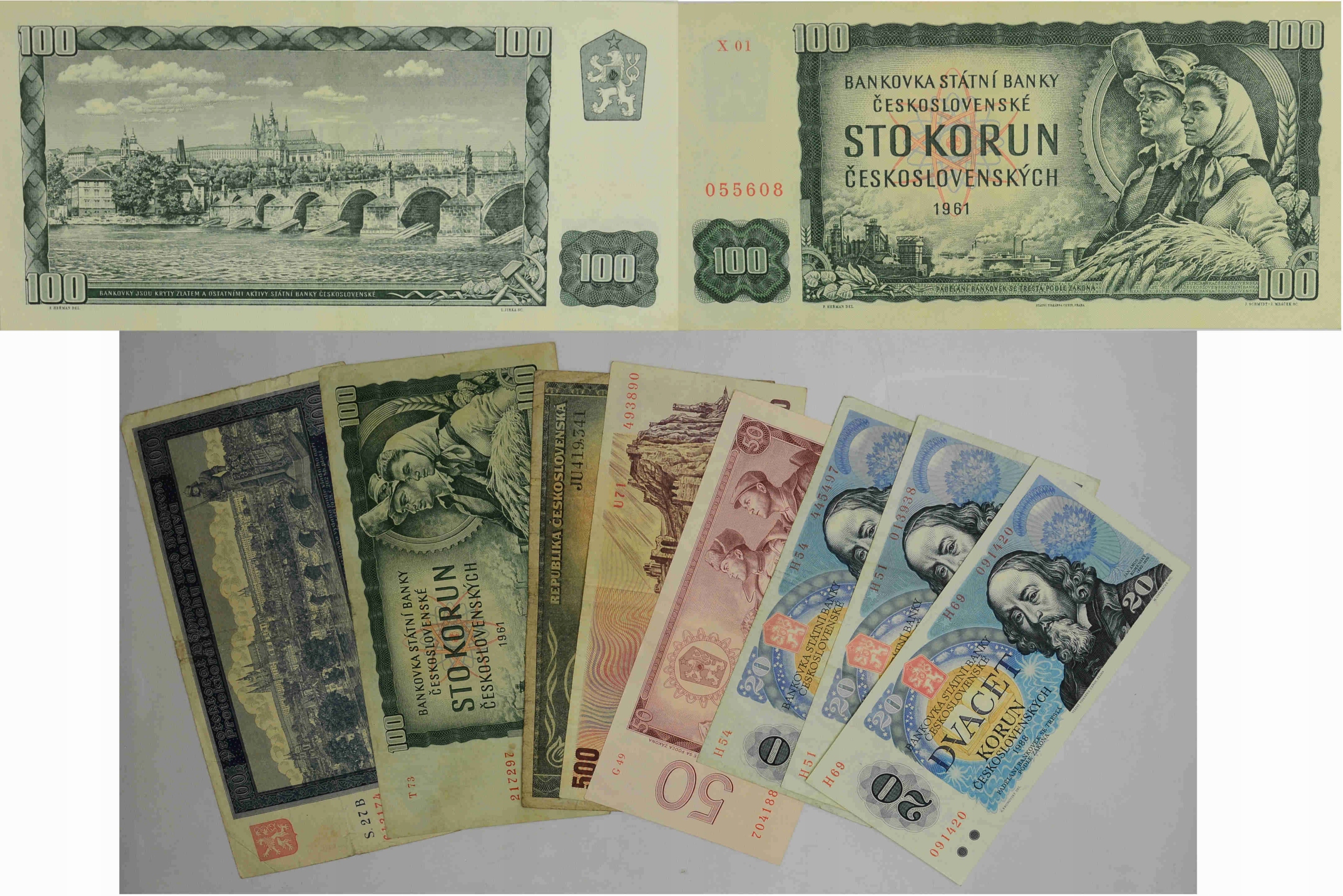 8.aj.Zest.Czechosłowacja, Banknoty szt.9, St.3/3+