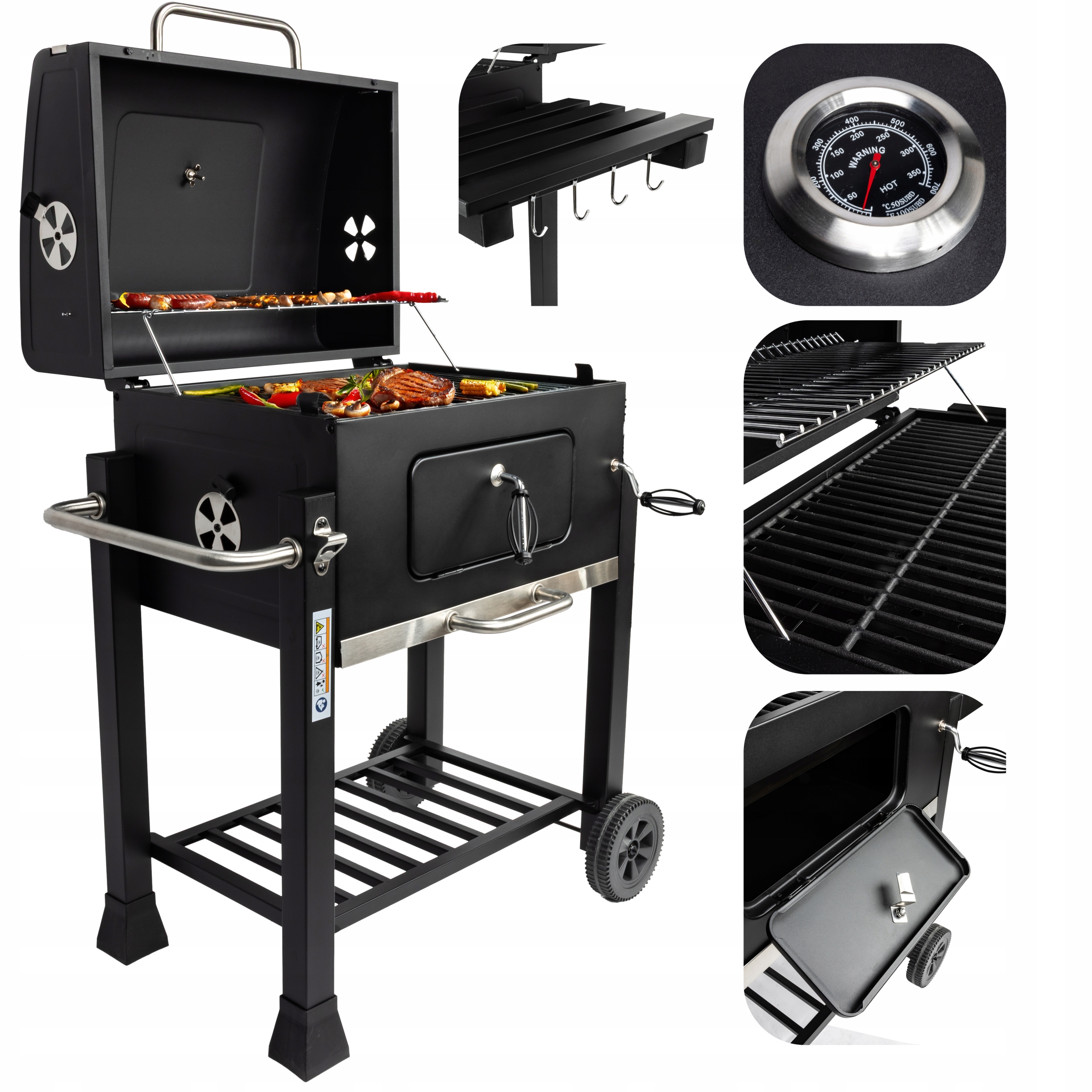 Grill Ogrodowy Węglowy Duży Żeliwny Ruszt Z Pokrywą Termometr Popielnik