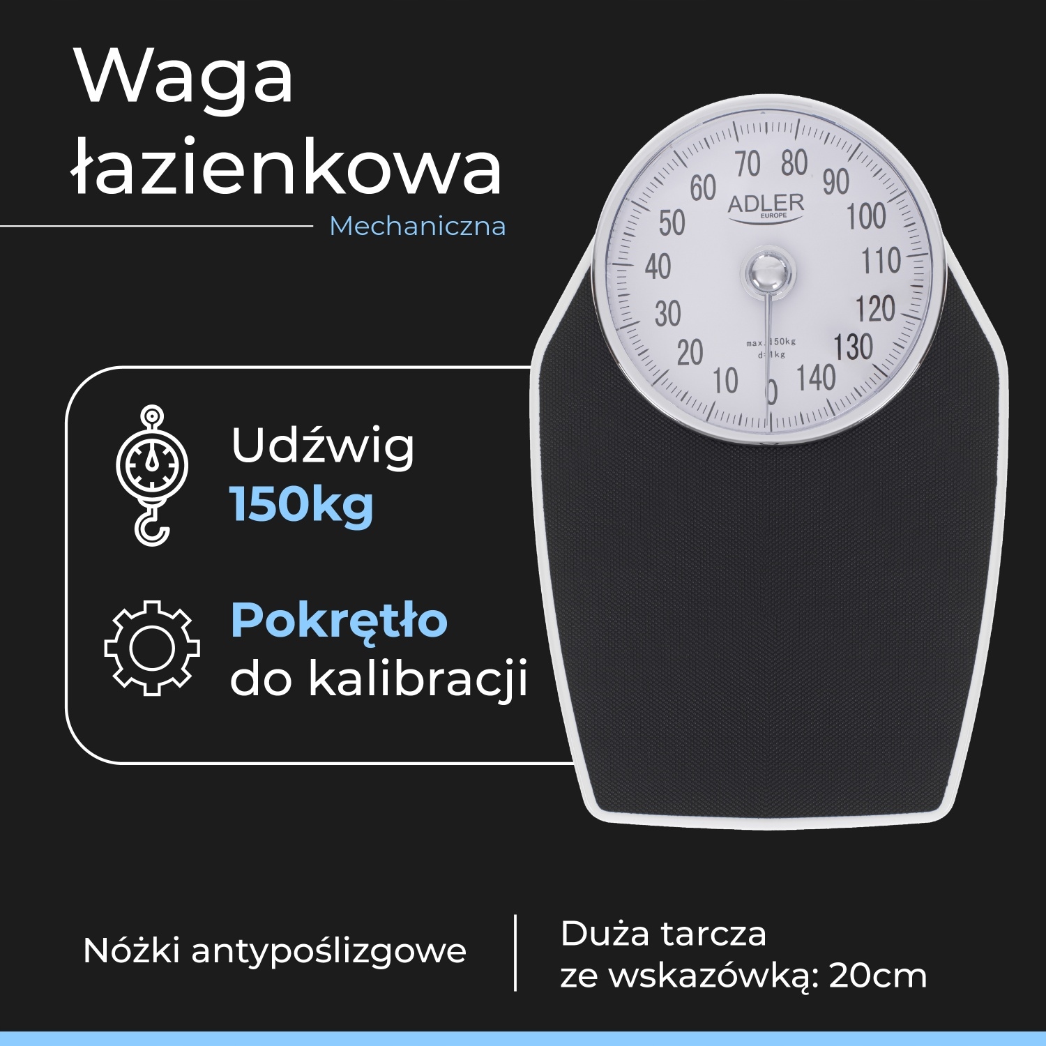 Waga Łazienkowa Mechaniczna Adler AD 8177 - Duża Tarcza 20cm, 150kg