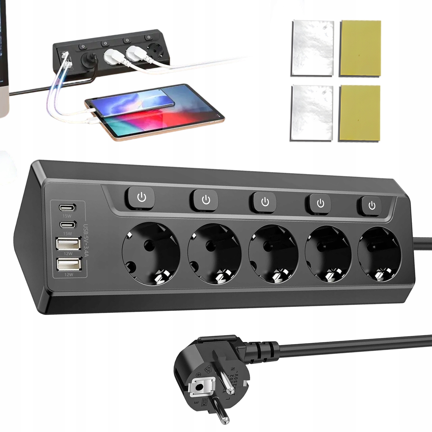 2M Prodlužovací Kabel Zásuvková Lišta Vypínač 5 Zásuvek S Usb A×2 Typu C×2