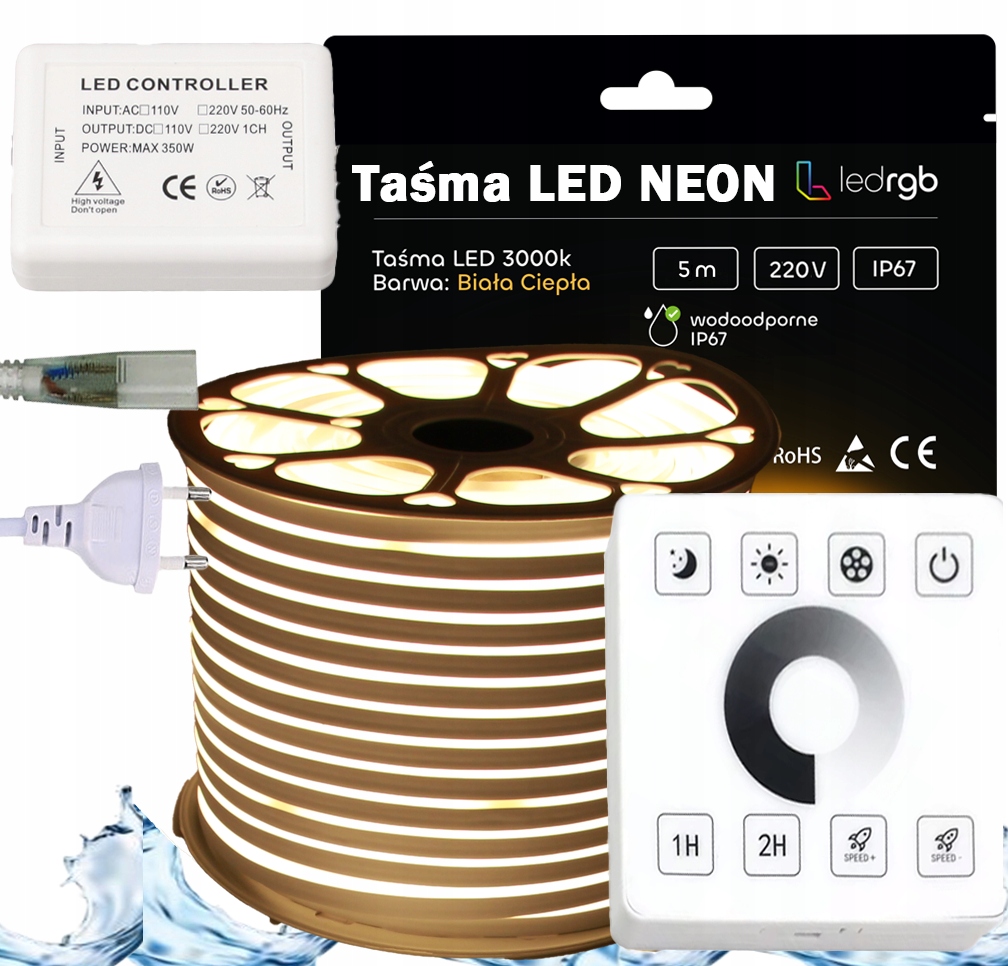Set Led pásek Neon 230V 5m 3000K Bílý Teplý Napájecí Zdroj Ovladač Dálkový Ovladač