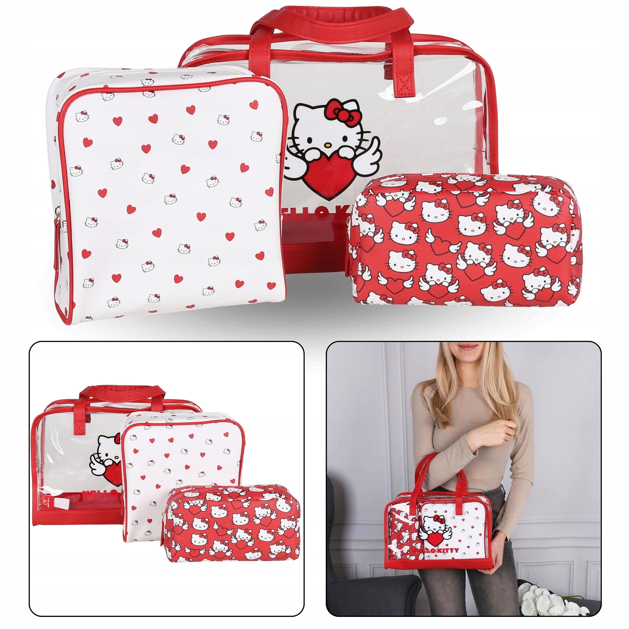 Hello Kitty Červeno-bílý set cestovních kosmetických taštiček na zip, 3 ks