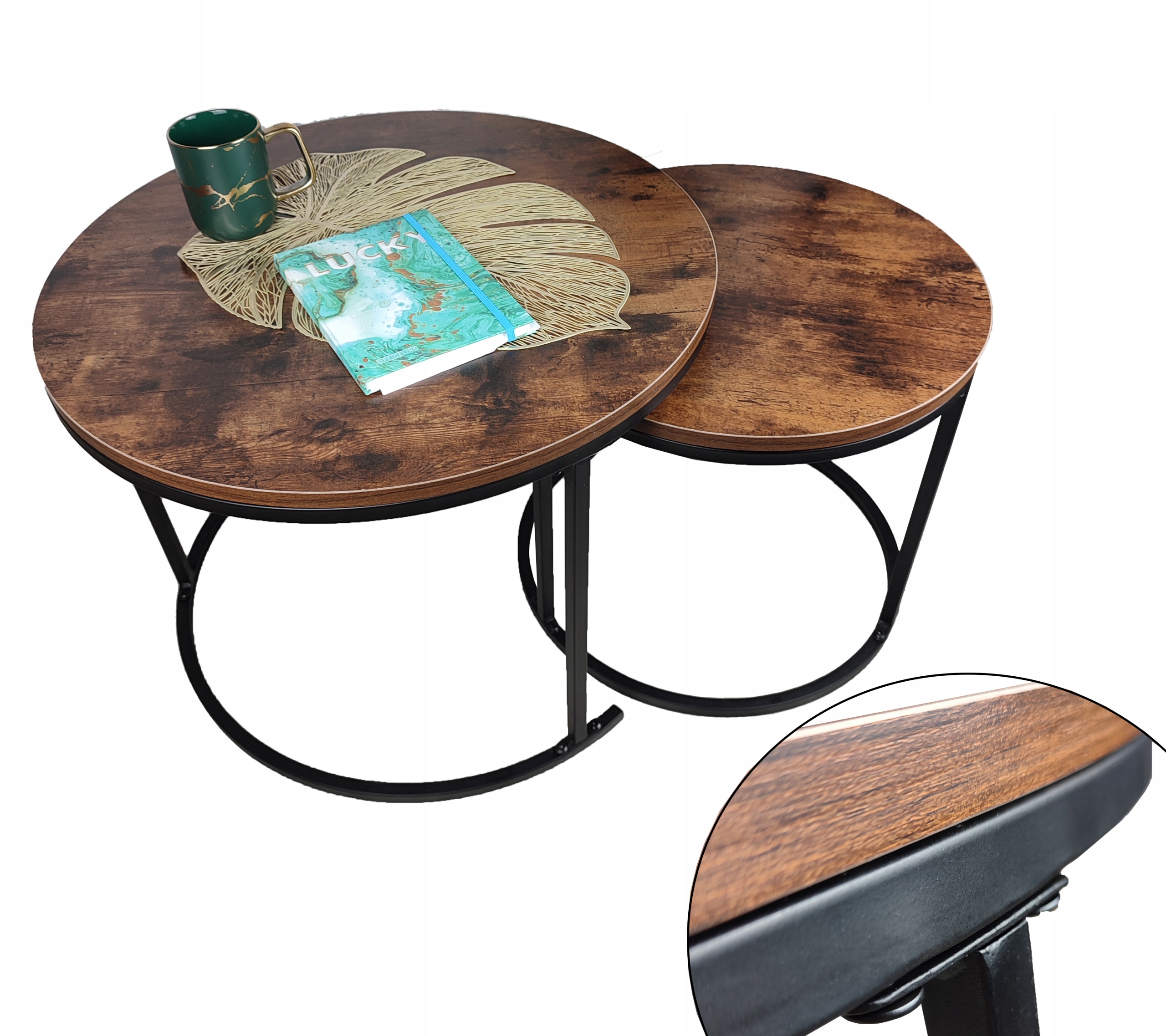 2x Kávový Stolek Loft kulatý 2v1 Lavička vintage Dub Rustikální starožitný