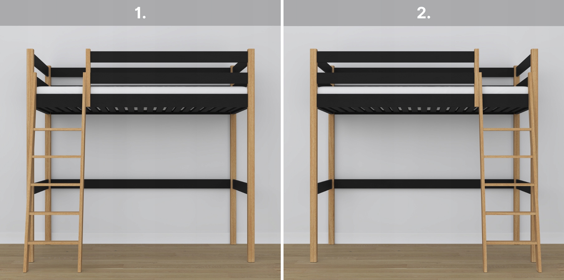 Łóżko na antresoli piętrowe drewniane N03 czarno dębowe 90x190 Materiał korpusu drewno