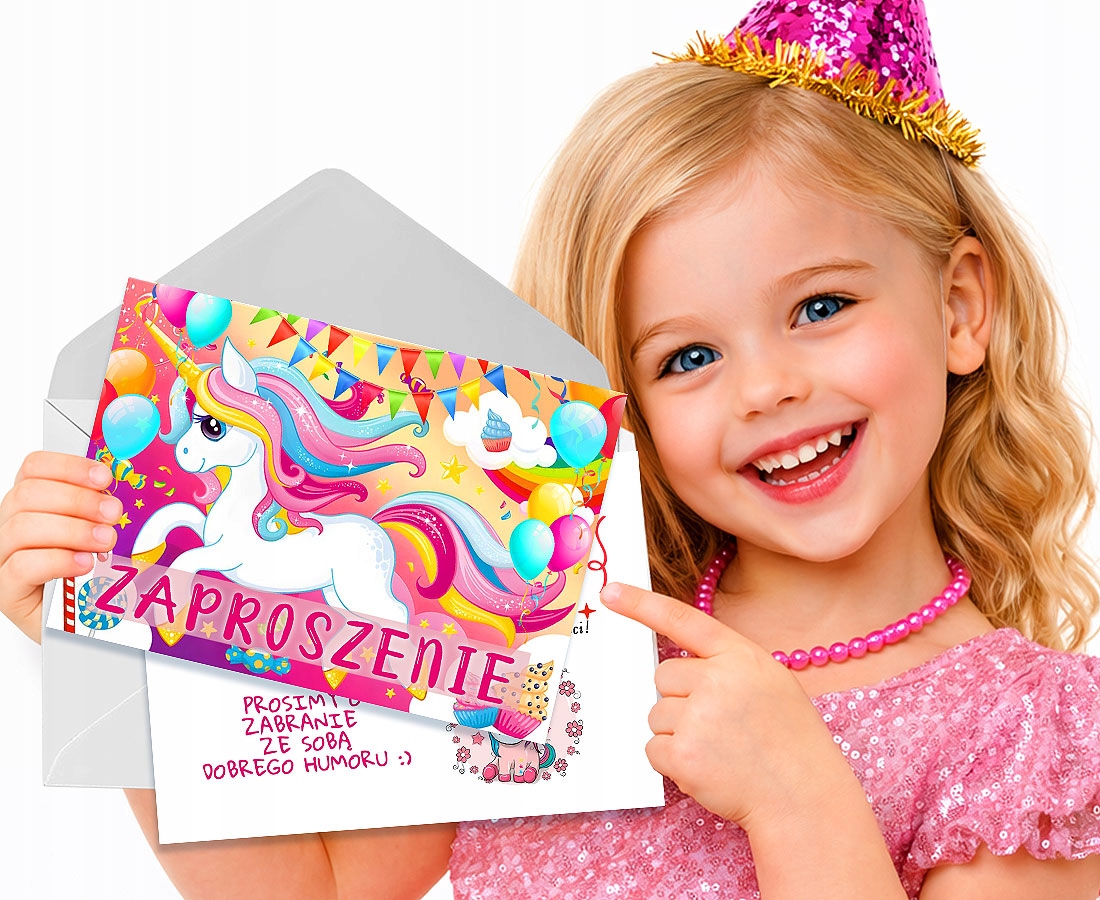 ZAPROSZENIE NA URODZINY JEDNOROŻEC TĘCZOWY RÓŻOWY ZAPROSZENIA + KOPERTA