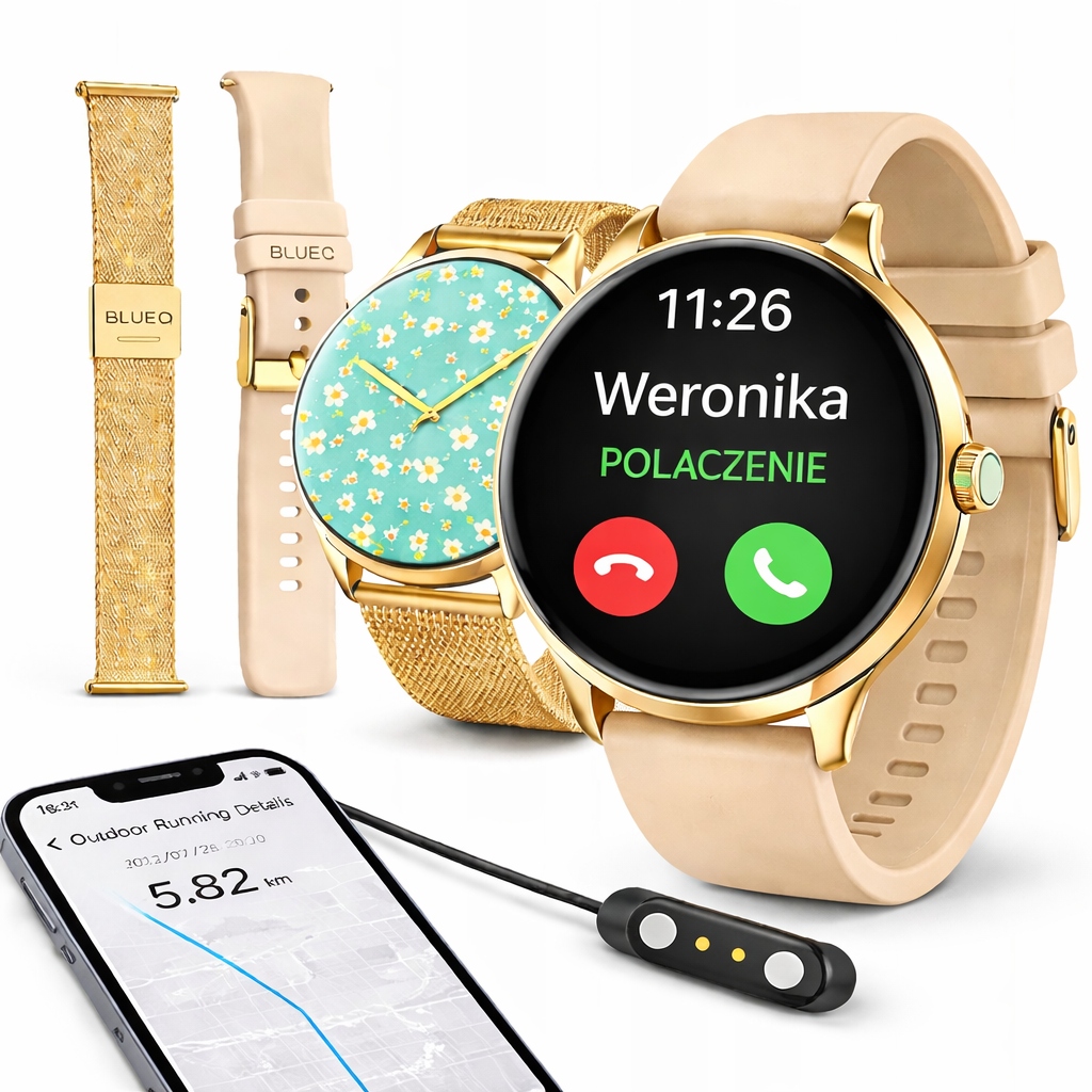 Smartwatch Damski Zegarek Wodoodporny Pl Menu Rozmowy Złoty 2 Paski