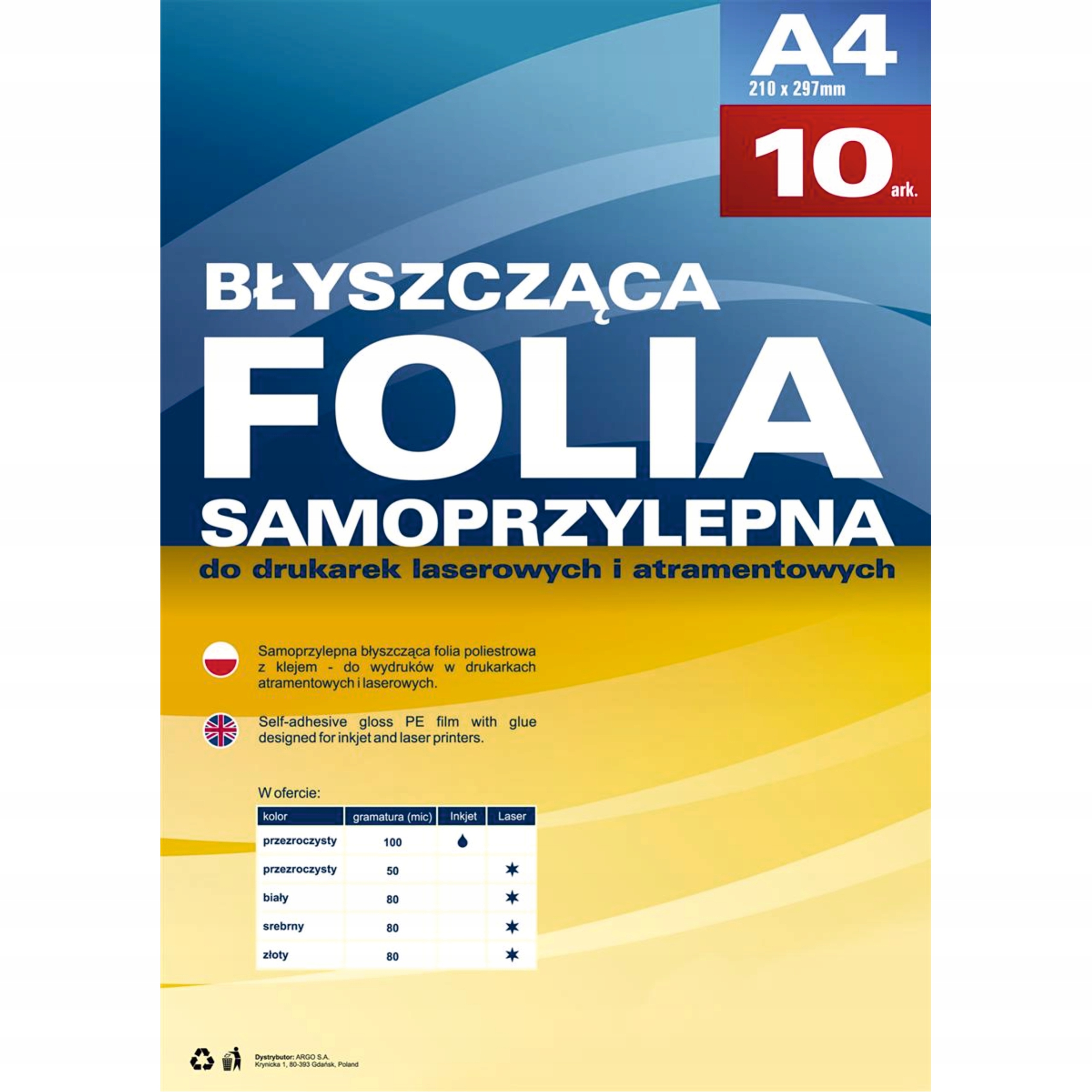 

Folia do drukarek laserowych samoprzylepna 10 szt