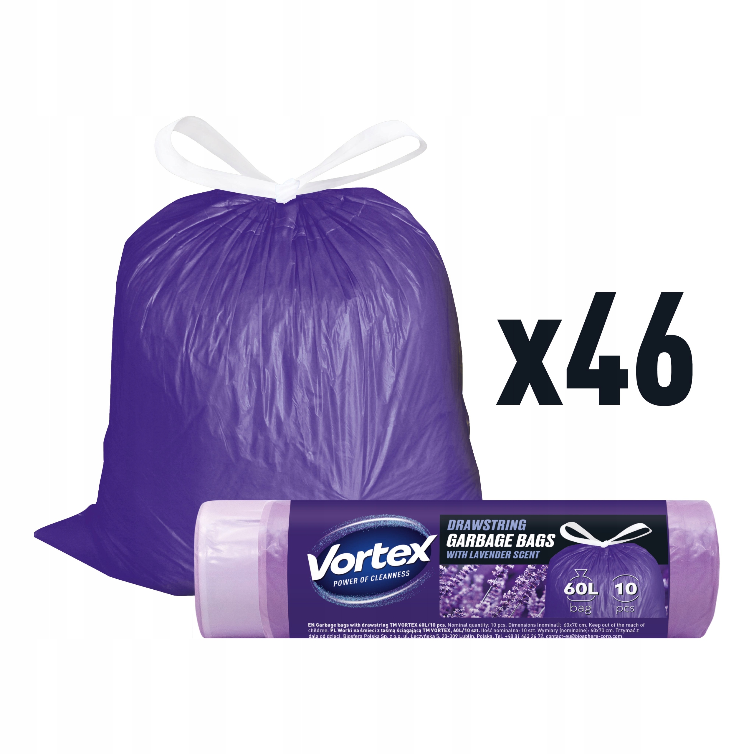 Levně Sáčky Na Odpadky S Páskou Silné 60L Odolné Levandulové Vortex 10x46 kusů