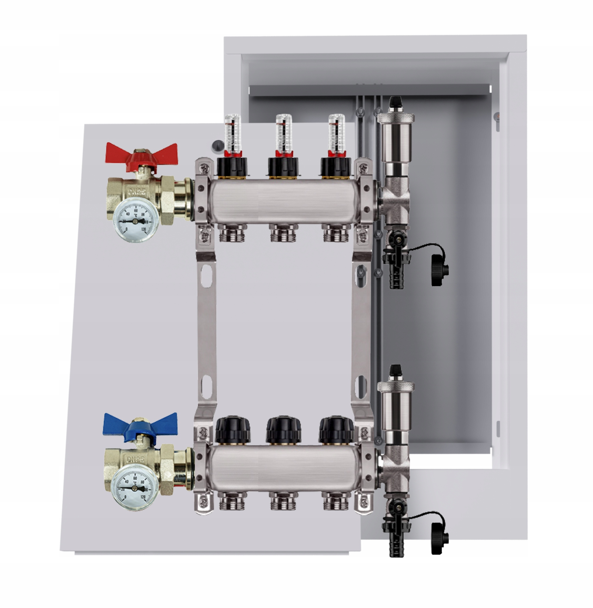 Nerezový rozdělovač podlahy 3 okruhy nástěnná skříňka ventily