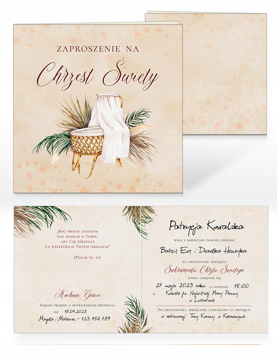 ZAPROSZENIA NA CHRZEST 3 SZT - boho DO WYPEŁNIENIA Kolor dominujący wielokolorowy